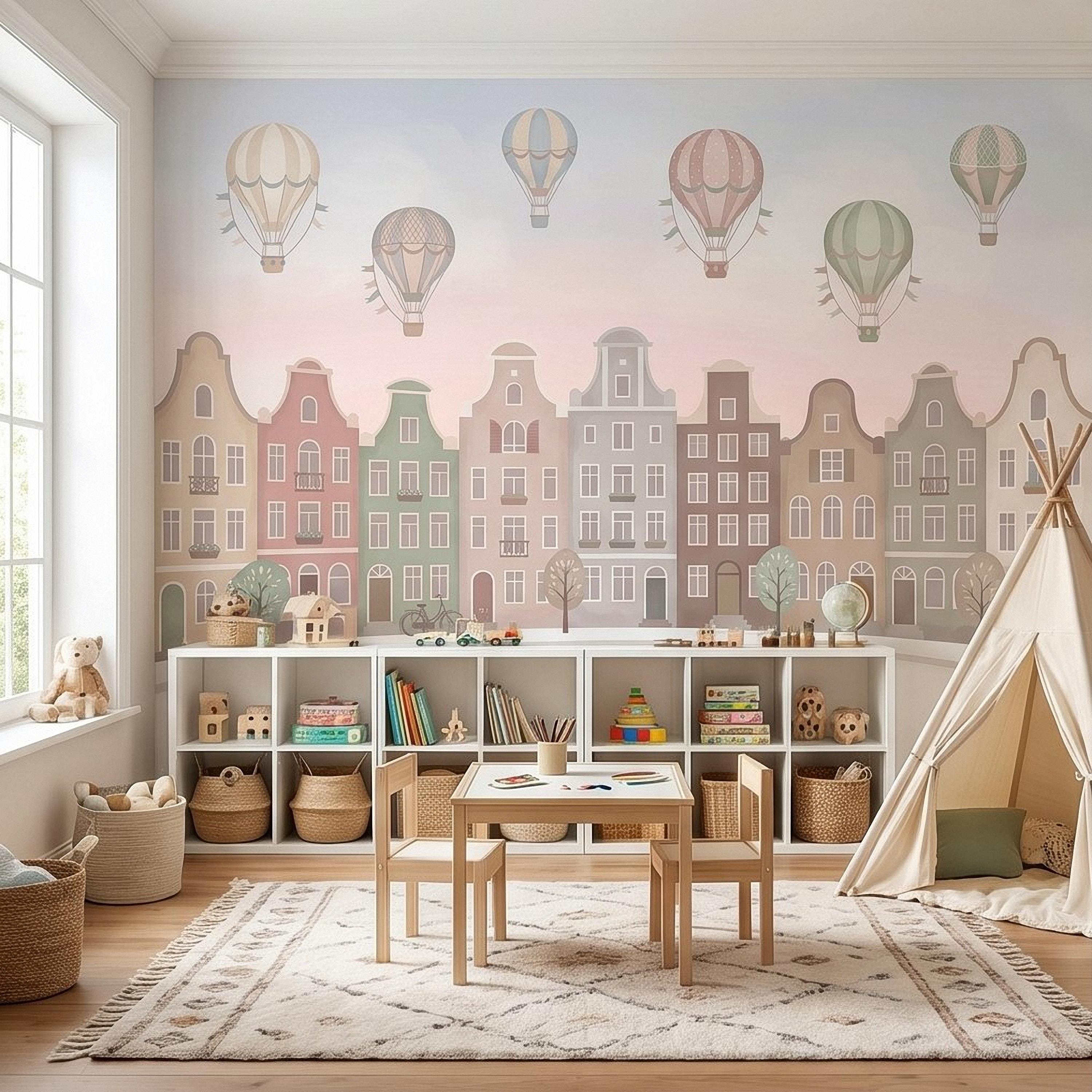 Pastel Amsterdam Canal Houses Peel and Stick Wall Mural for Kids, European Storybook Town with Hot Air Balloons Nursery Wallpaper