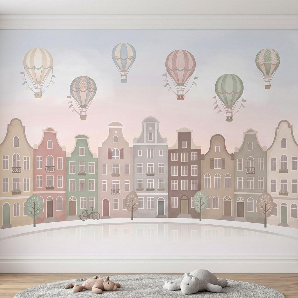 Pastel Amsterdam Canal Houses Peel and Stick Wall Mural for Kids, European Storybook Town with Hot Air Balloons Nursery Wallpaper