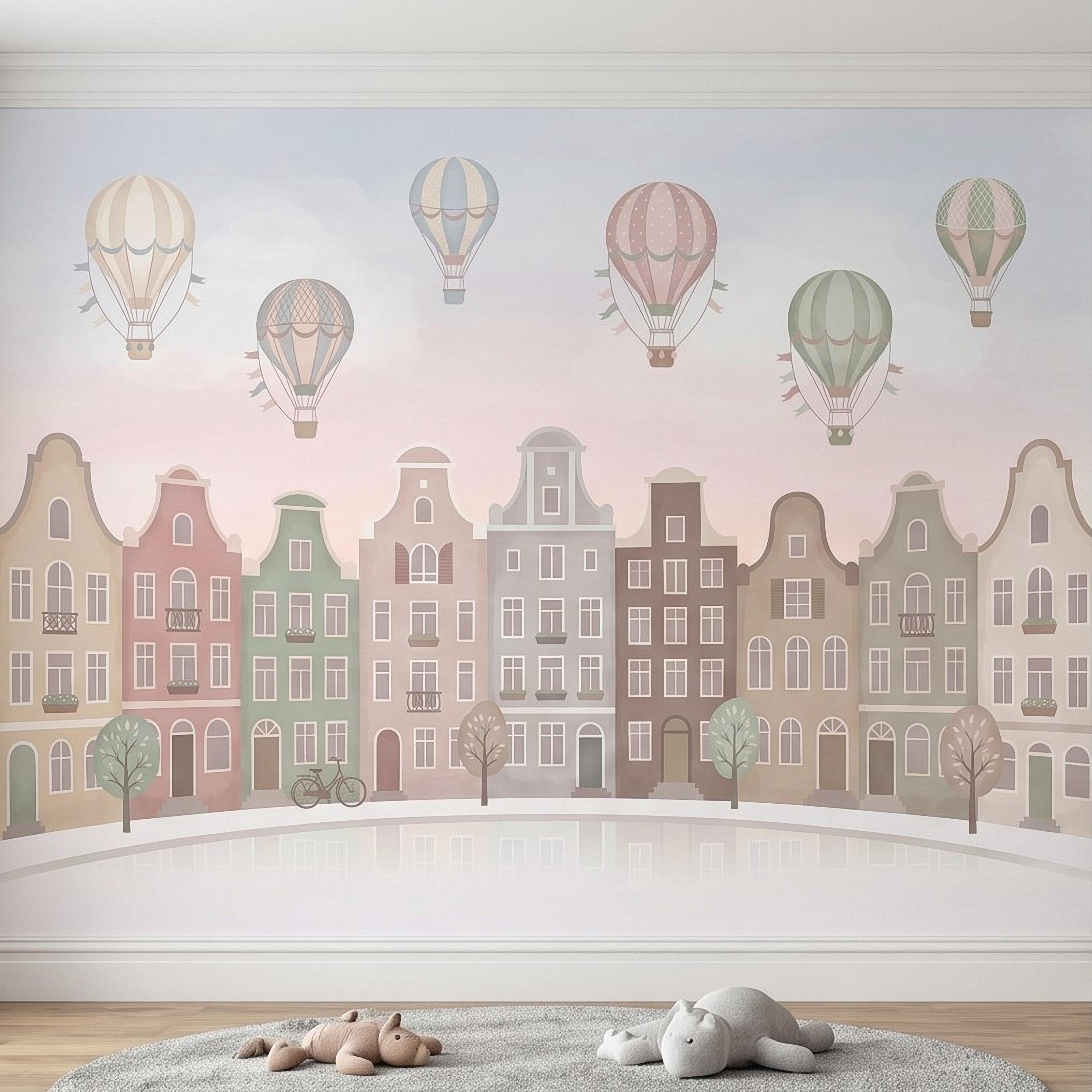 Pastel Amsterdam Canal Houses Peel and Stick Wall Mural for Kids, European Storybook Town with Hot Air Balloons Nursery Wallpaper