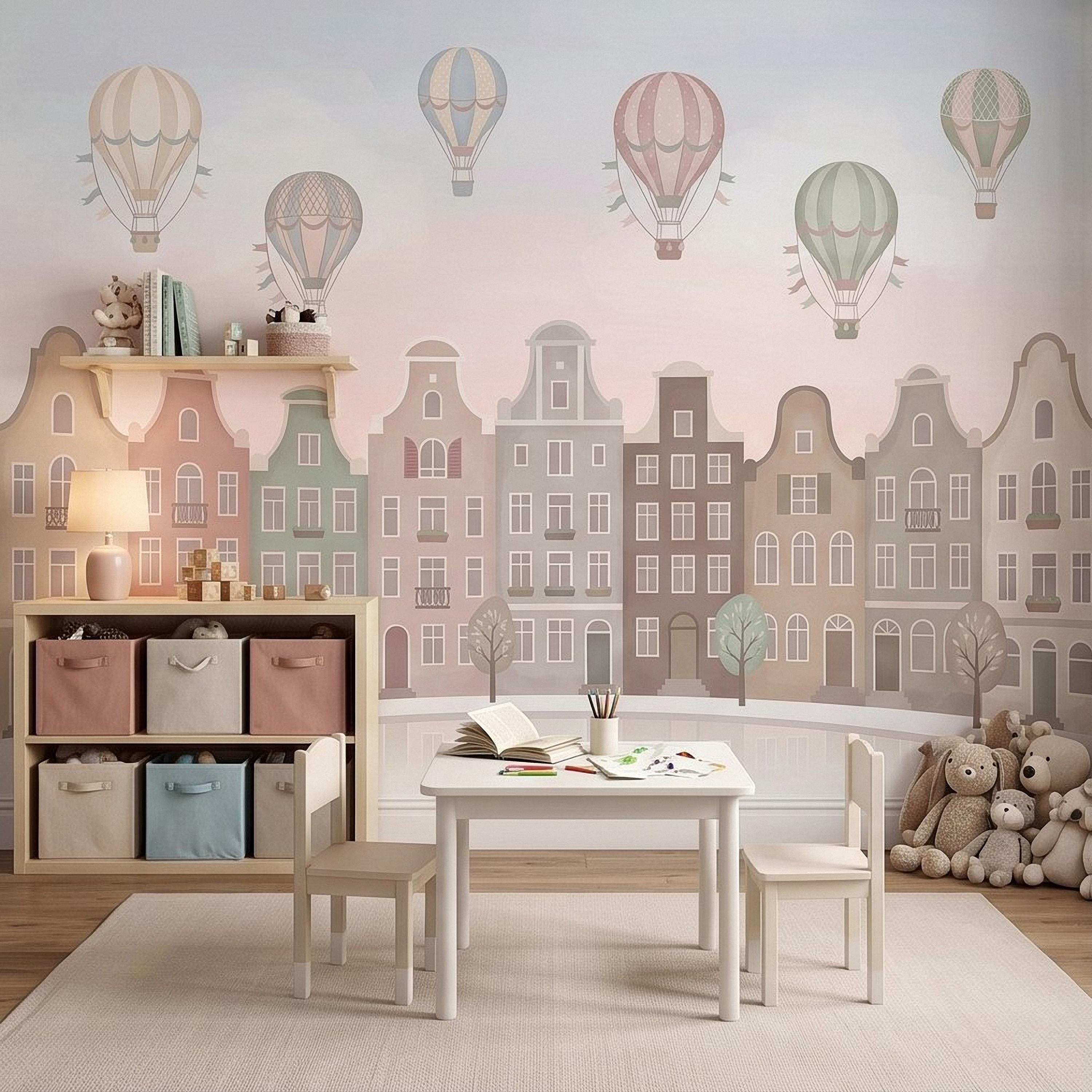 Pastel Amsterdam Canal Houses Peel and Stick Wall Mural for Kids, European Storybook Town with Hot Air Balloons Nursery Wallpaper