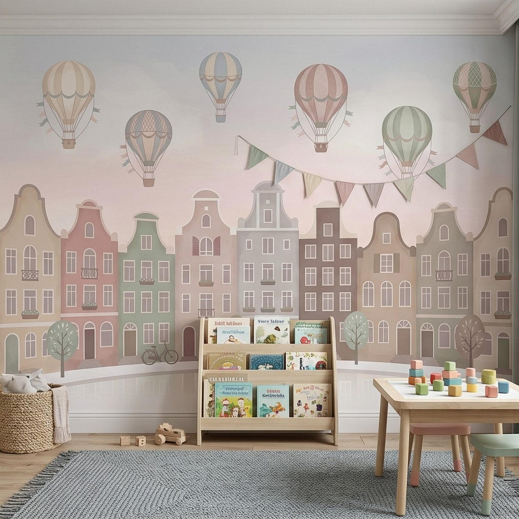 Pastel Amsterdam Canal Houses Peel and Stick Wall Mural for Kids, European Storybook Town with Hot Air Balloons Nursery Wallpaper