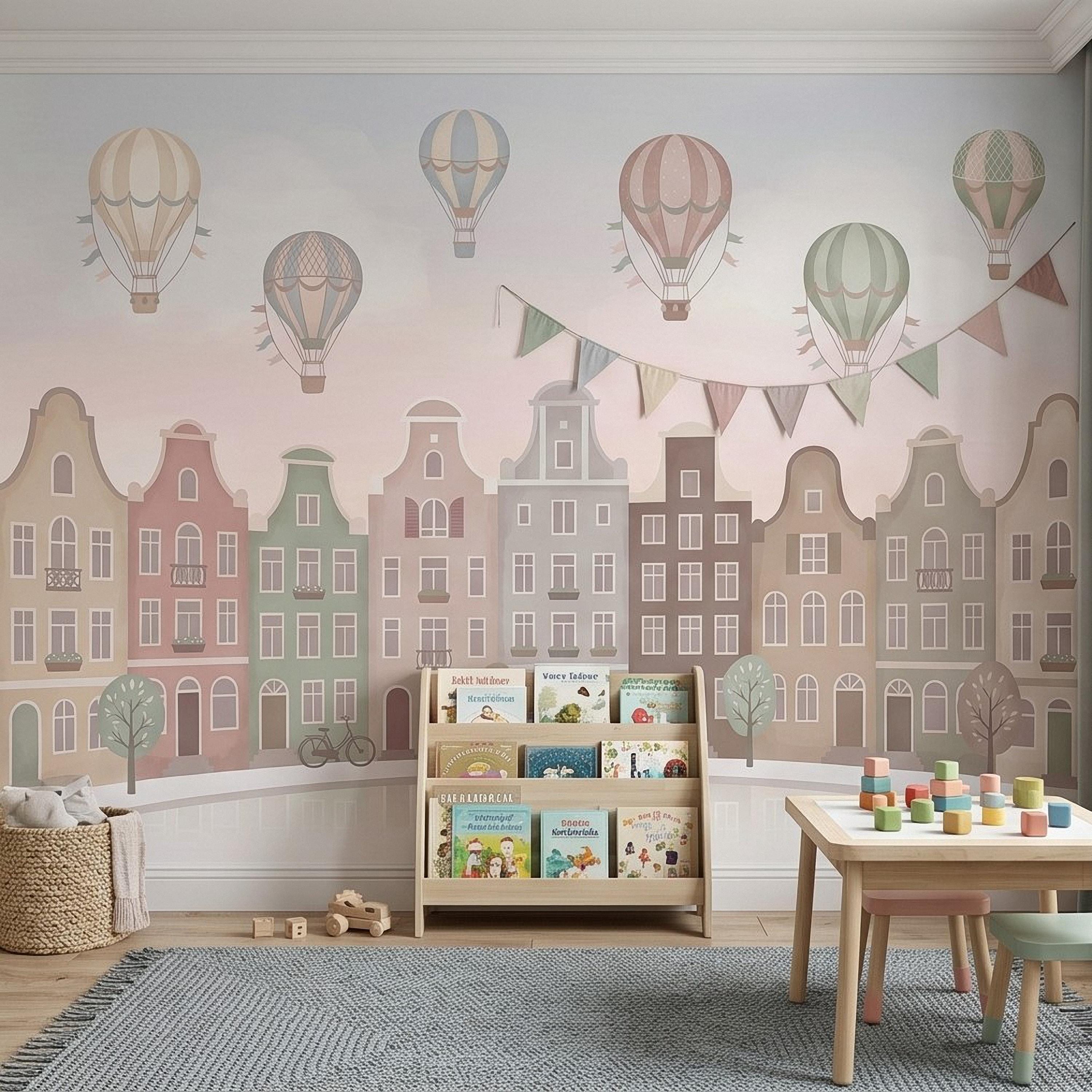 Pastel Amsterdam Canal Houses Peel and Stick Wall Mural for Kids, European Storybook Town with Hot Air Balloons Nursery Wallpaper