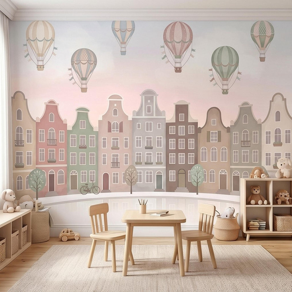 Pastel Amsterdam Canal Houses Peel and Stick Wall Mural for Kids, European Storybook Town with Hot Air Balloons Nursery Wallpaper