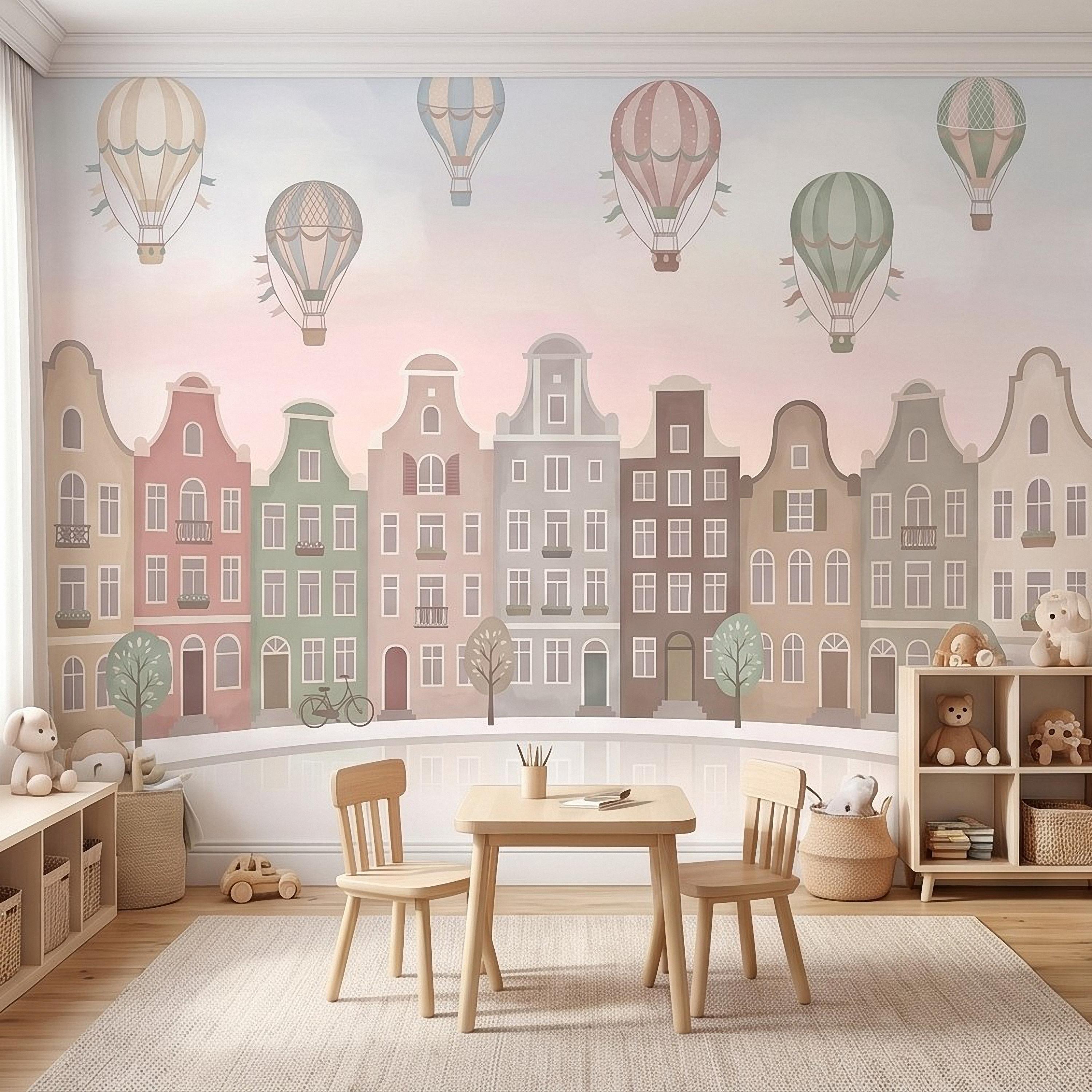 Pastel Amsterdam Canal Houses Peel and Stick Wall Mural for Kids, European Storybook Town with Hot Air Balloons Nursery Wallpaper