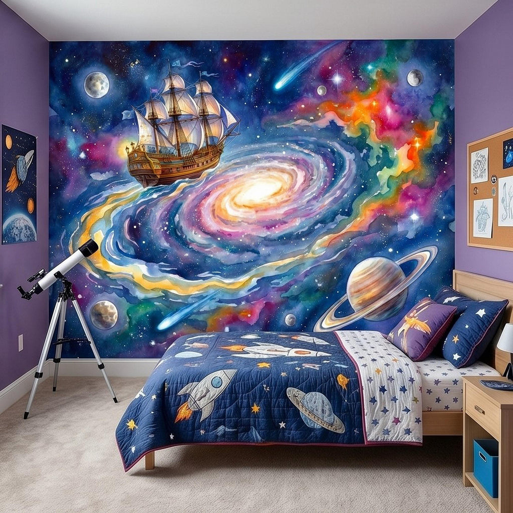 Fantasy Sailing Ship Peel and Stick Wall Mural, Watercolor Galaxy Adventure with Planets and Nebula Kids Room Wallpaper