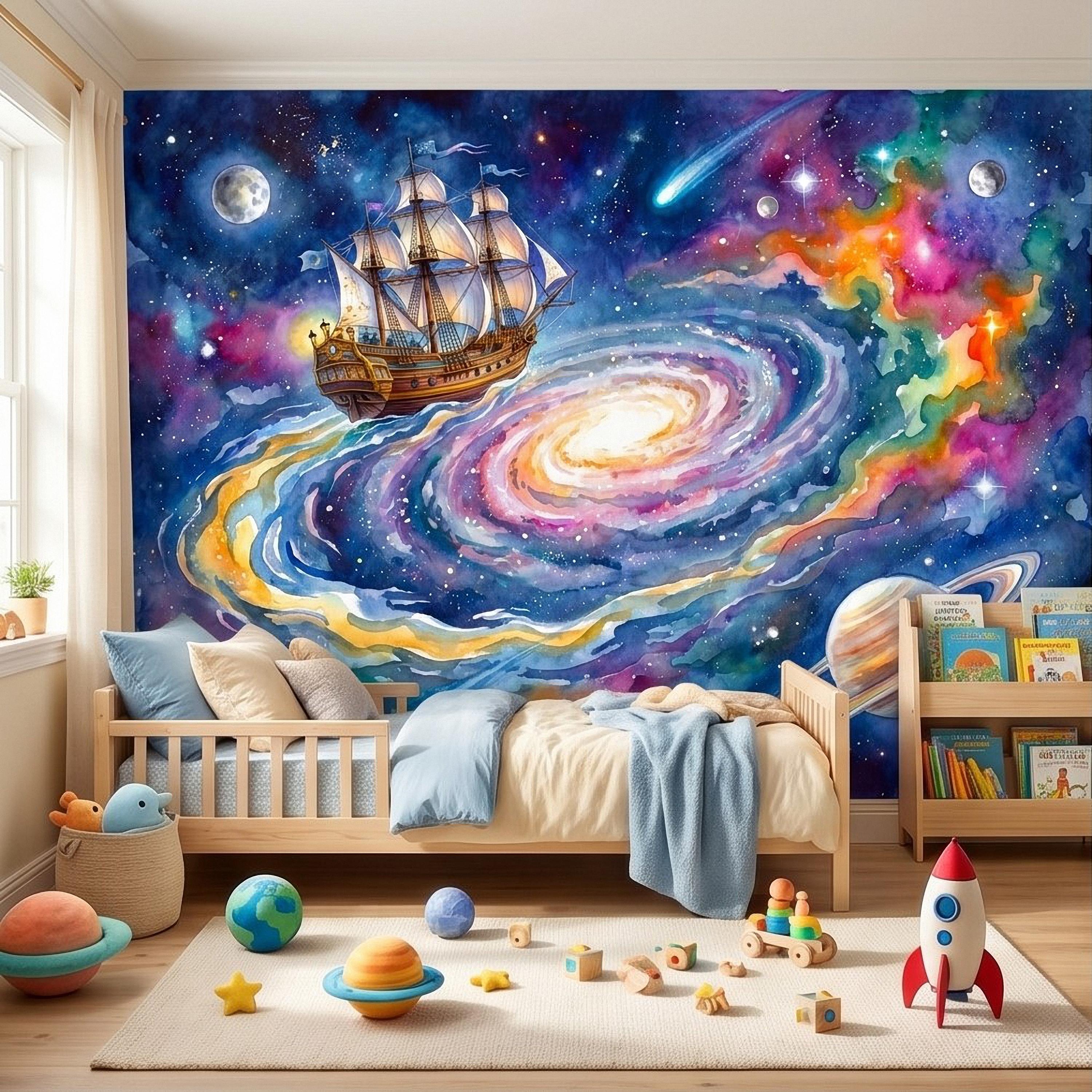 Fantasy Sailing Ship Peel and Stick Wall Mural, Watercolor Galaxy Adventure with Planets and Nebula Kids Room Wallpaper