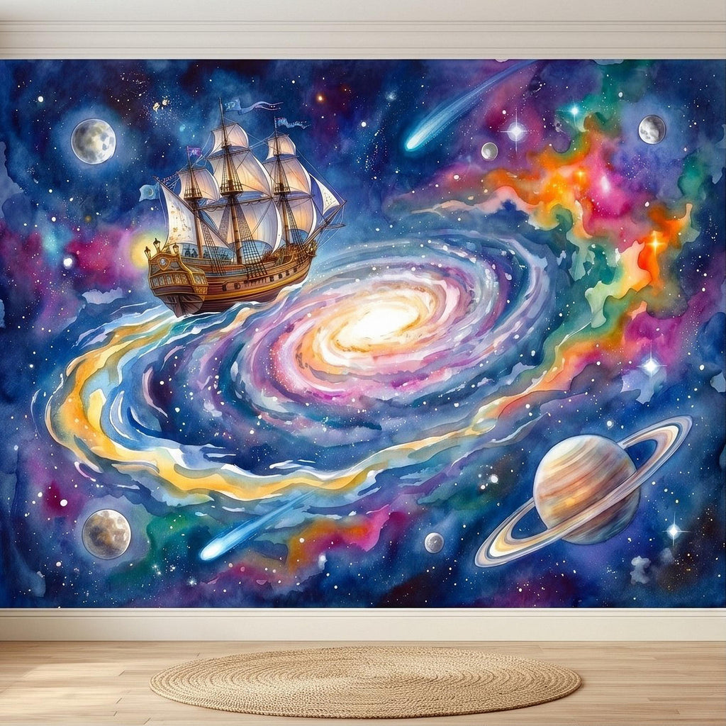 Fantasy Sailing Ship Peel and Stick Wall Mural, Watercolor Galaxy Adventure with Planets and Nebula Kids Room Wallpaper