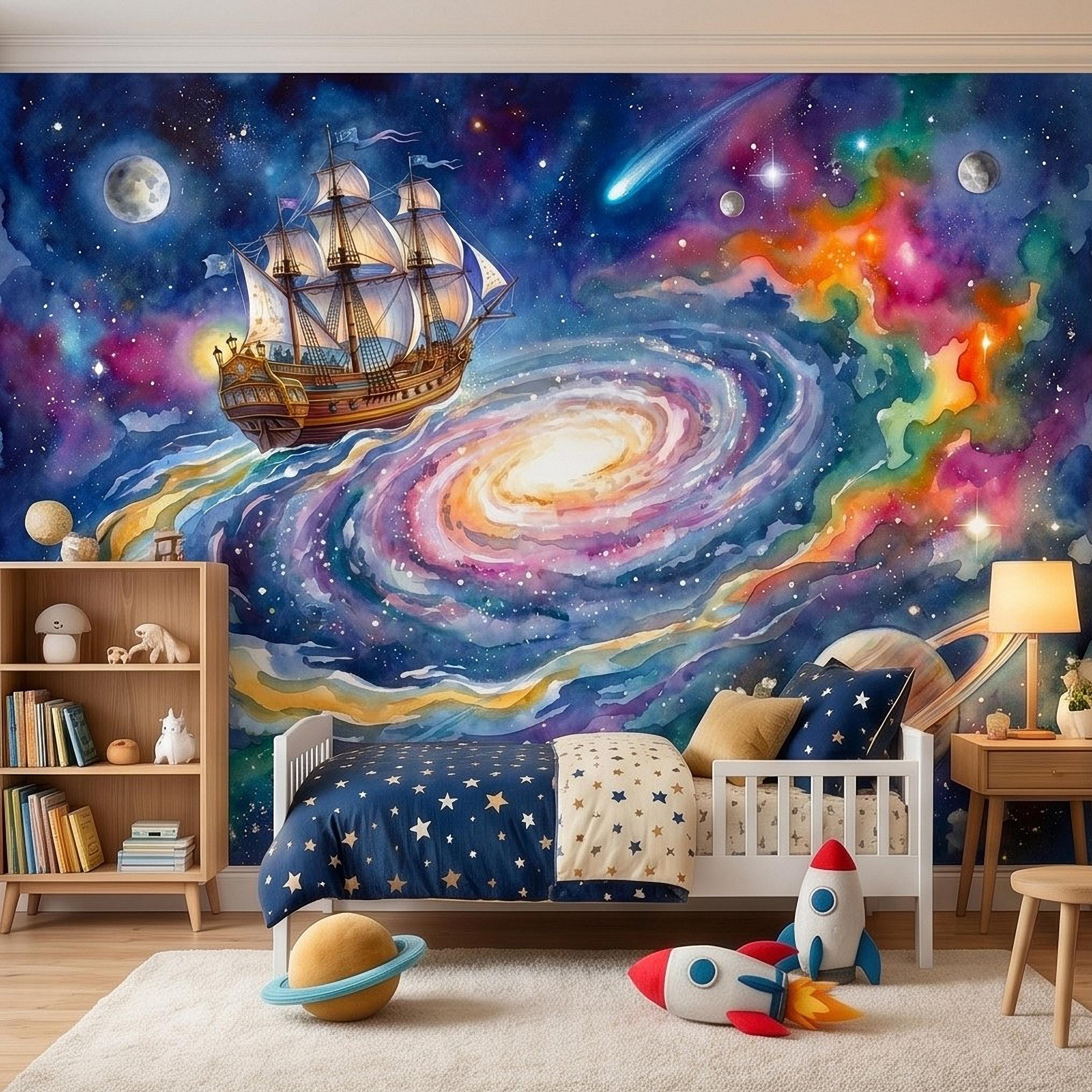 Fantasy Sailing Ship Peel and Stick Wall Mural, Watercolor Galaxy Adventure with Planets and Nebula Kids Room Wallpaper
