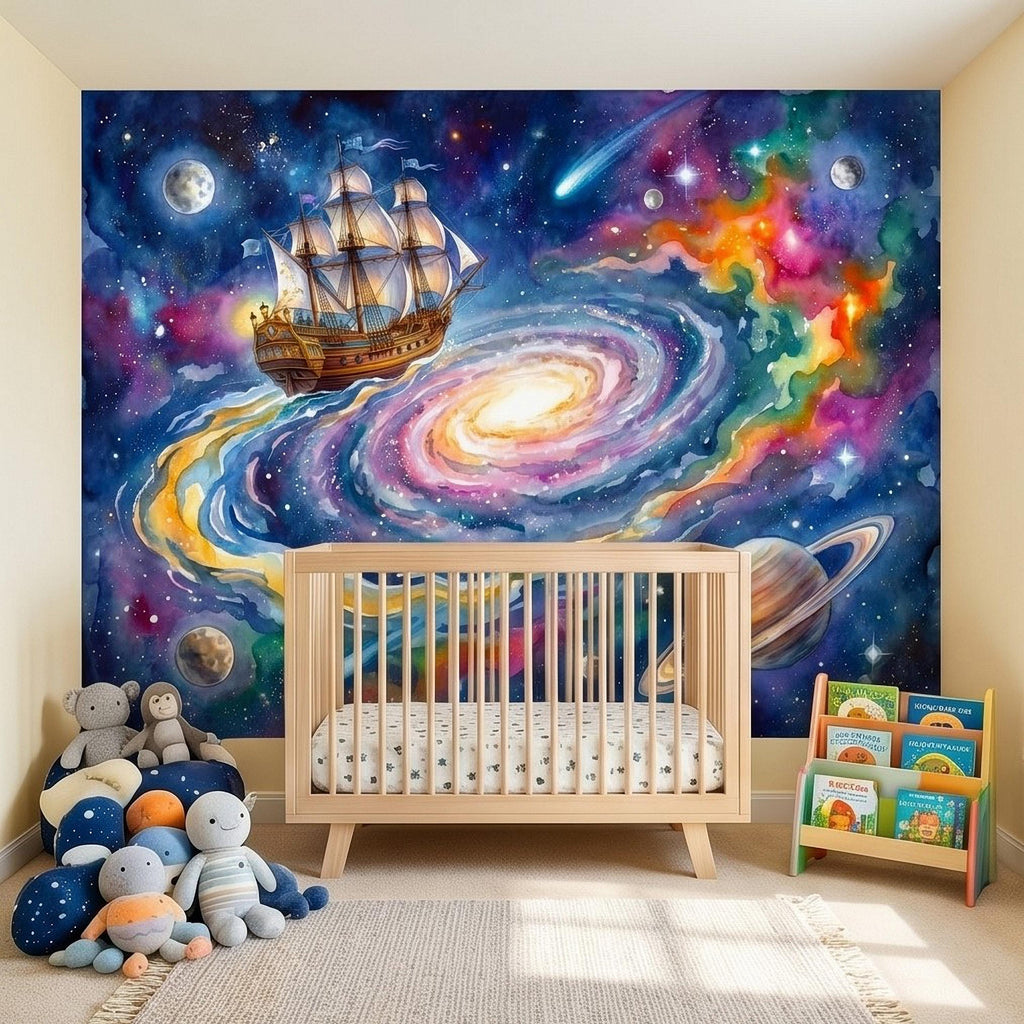 Fantasy Sailing Ship Peel and Stick Wall Mural, Watercolor Galaxy Adventure with Planets and Nebula Kids Room Wallpaper