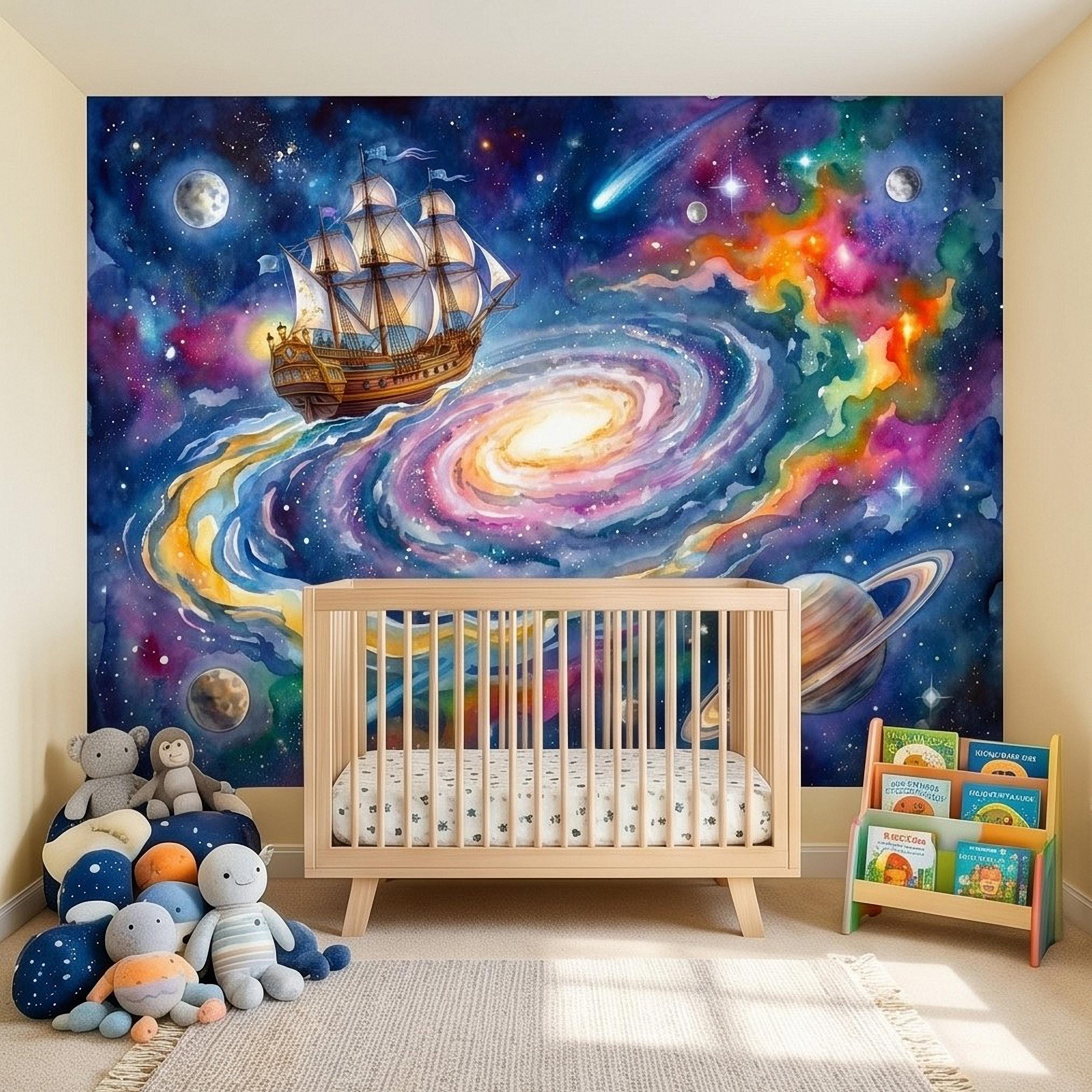 Fantasy Sailing Ship Peel and Stick Wall Mural, Watercolor Galaxy Adventure with Planets and Nebula Kids Room Wallpaper