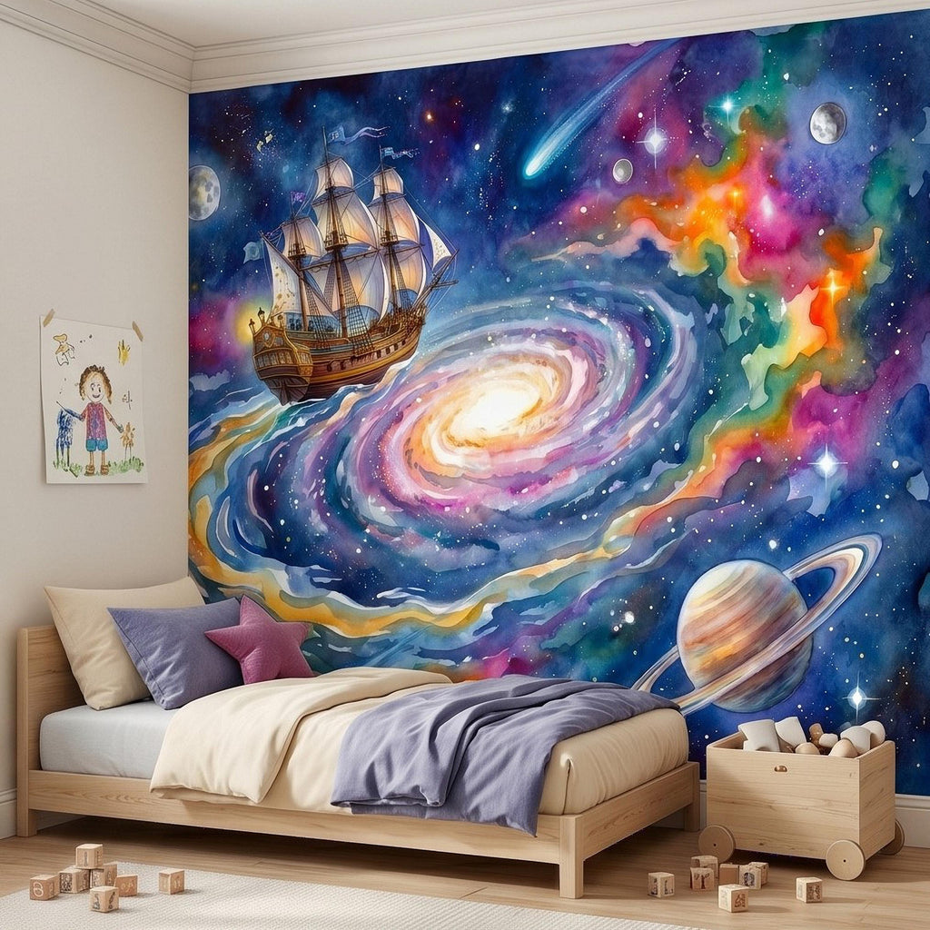 Fantasy Sailing Ship Peel and Stick Wall Mural, Watercolor Galaxy Adventure with Planets and Nebula Kids Room Wallpaper