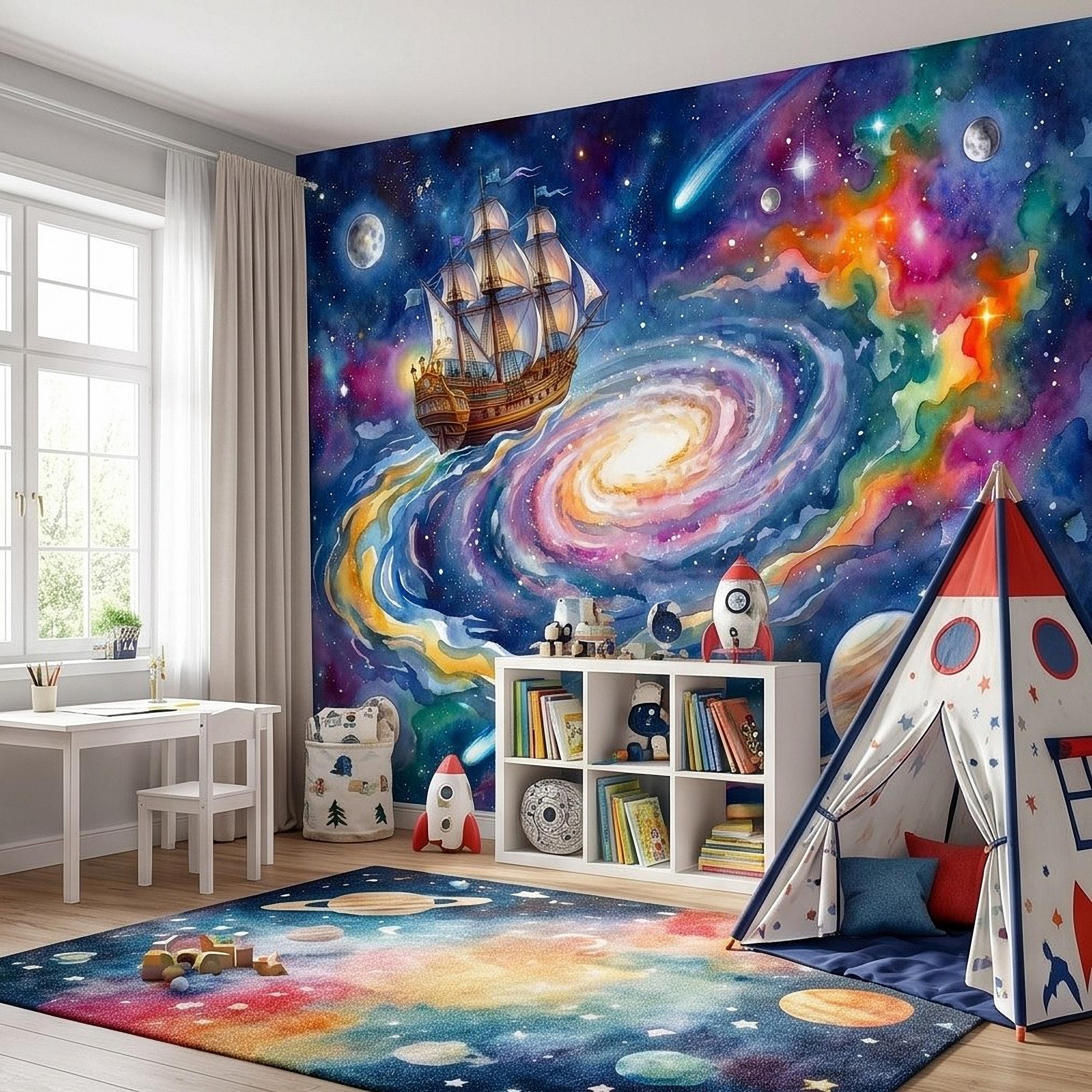 Fantasy Sailing Ship Peel and Stick Wall Mural, Watercolor Galaxy Adventure with Planets and Nebula Kids Room Wallpaper