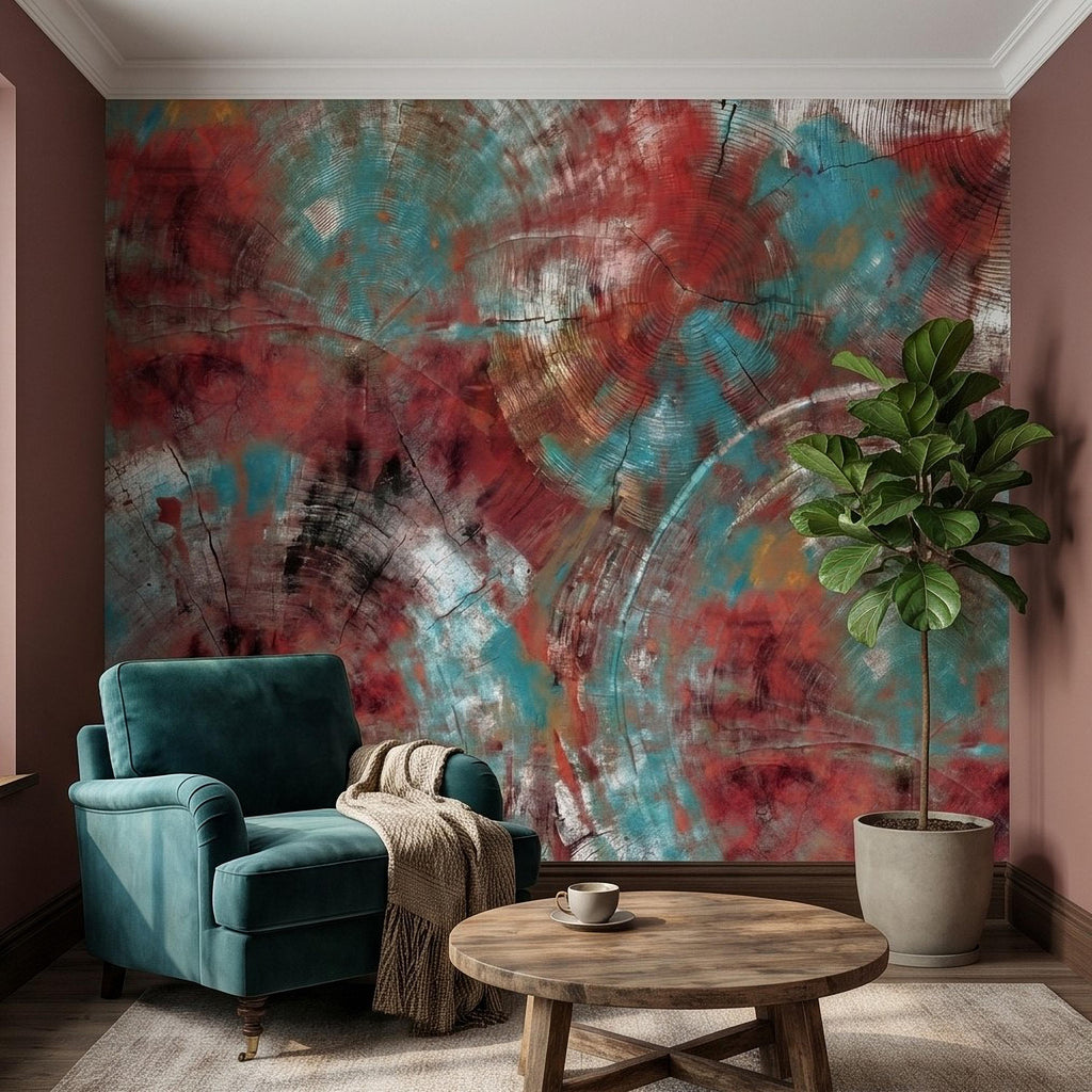 Abstract Wood Peel and Stick Wall Mural, Teal and Red Tree Ring Texture, Rustic Distressed Painted Wood Wallpaper