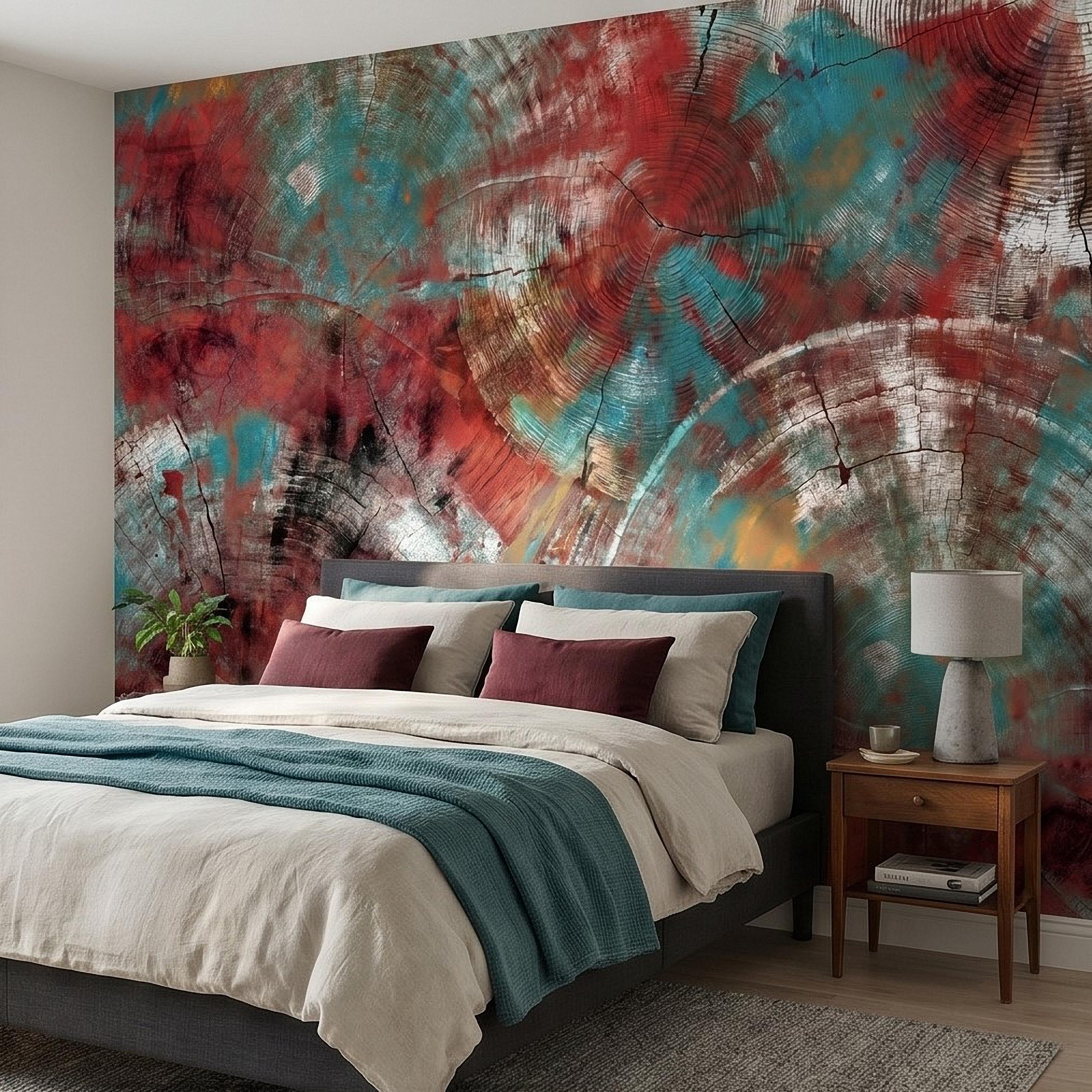 Abstract Wood Peel and Stick Wall Mural, Teal and Red Tree Ring Texture, Rustic Distressed Painted Wood Wallpaper