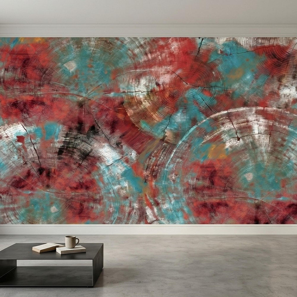Abstract Wood Peel and Stick Wall Mural, Teal and Red Tree Ring Texture, Rustic Distressed Painted Wood Wallpaper