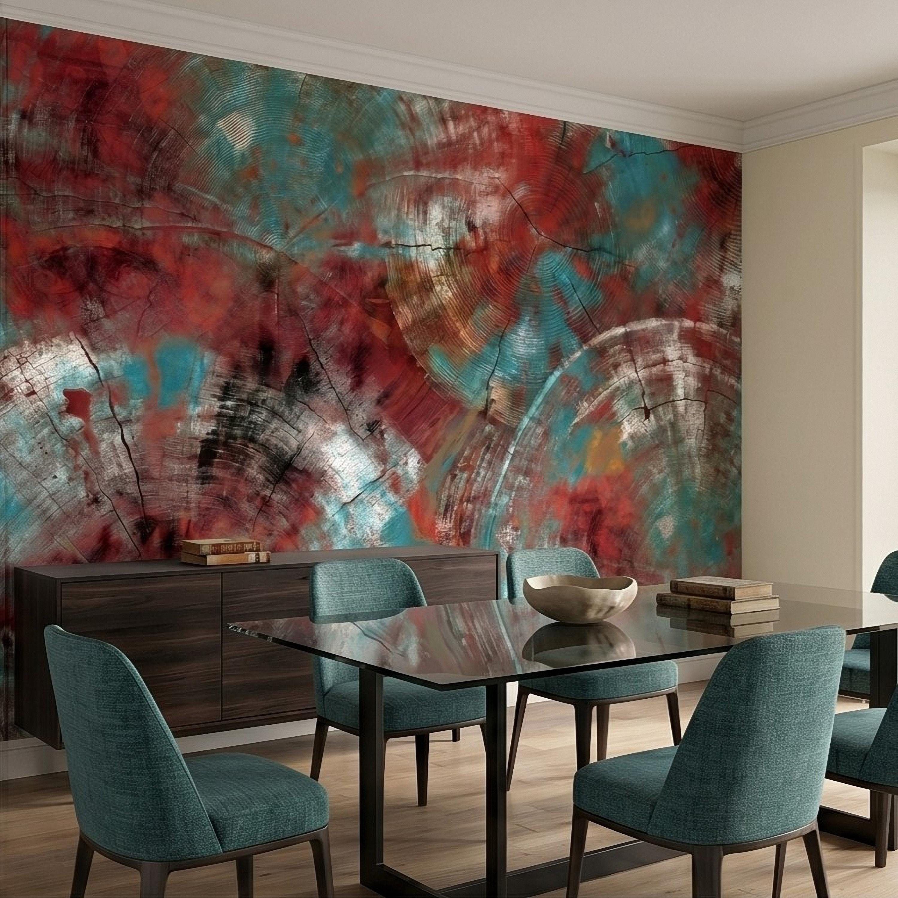 Abstract Wood Peel and Stick Wall Mural, Teal and Red Tree Ring Texture, Rustic Distressed Painted Wood Wallpaper