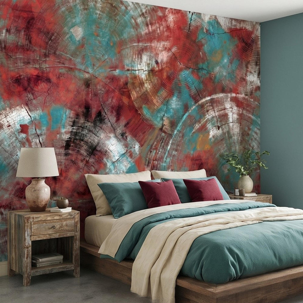 Abstract Wood Peel and Stick Wall Mural, Teal and Red Tree Ring Texture, Rustic Distressed Painted Wood Wallpaper