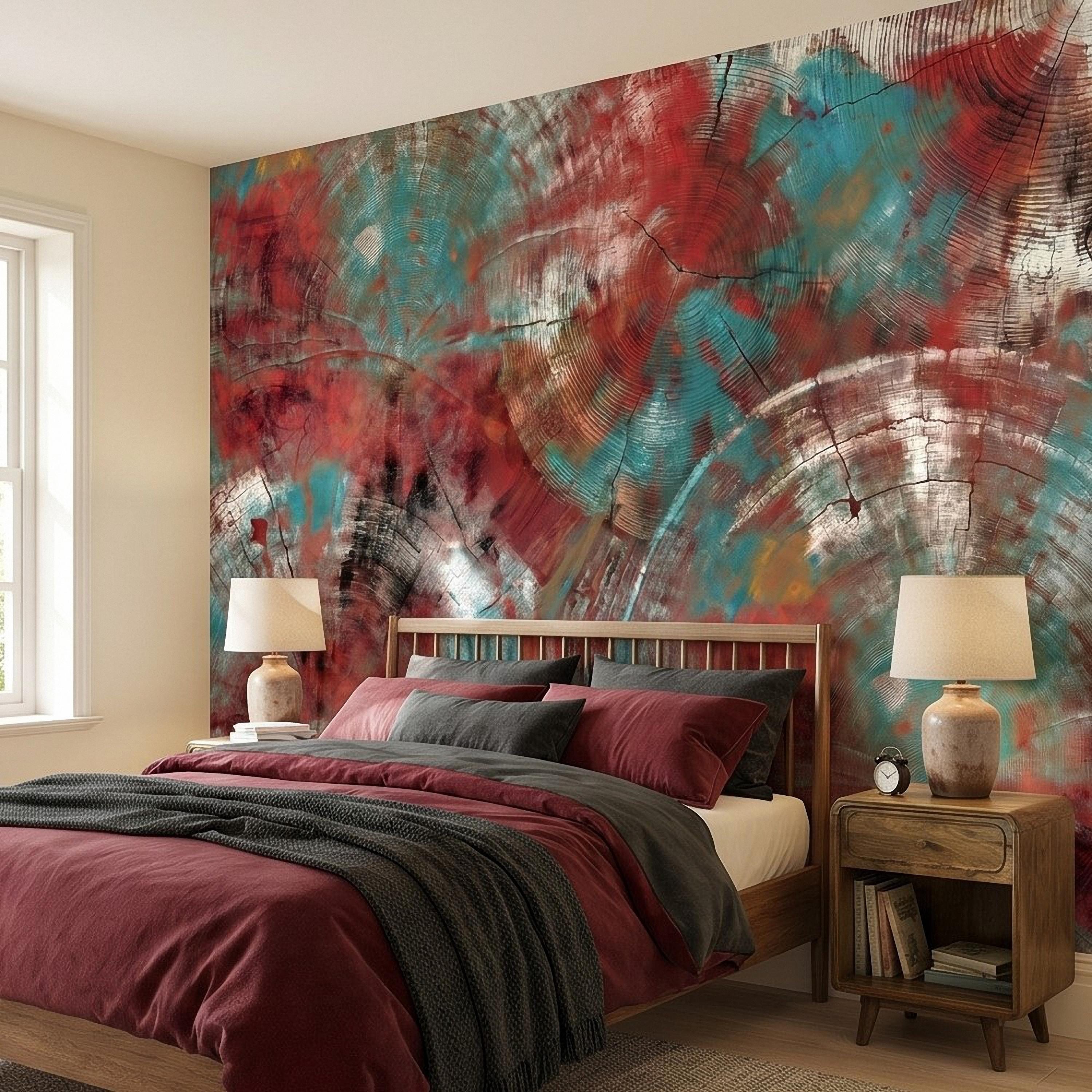 Abstract Wood Peel and Stick Wall Mural, Teal and Red Tree Ring Texture, Rustic Distressed Painted Wood Wallpaper