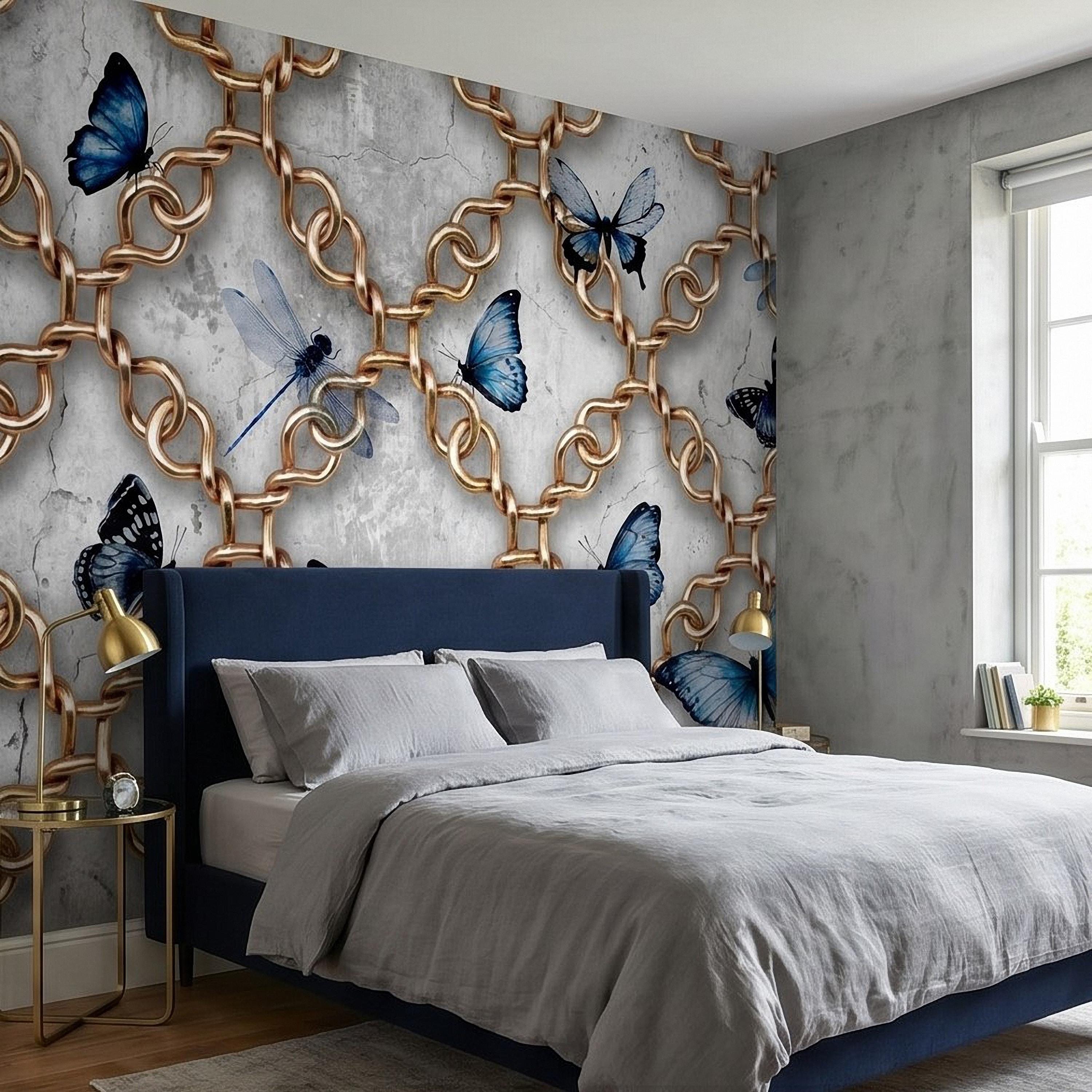 Gold Chain Peel and Stick Wall Mural, Blue Butterflies and Dragonflies on Cracked Concrete, Modern Glam Luxury Wallpaper