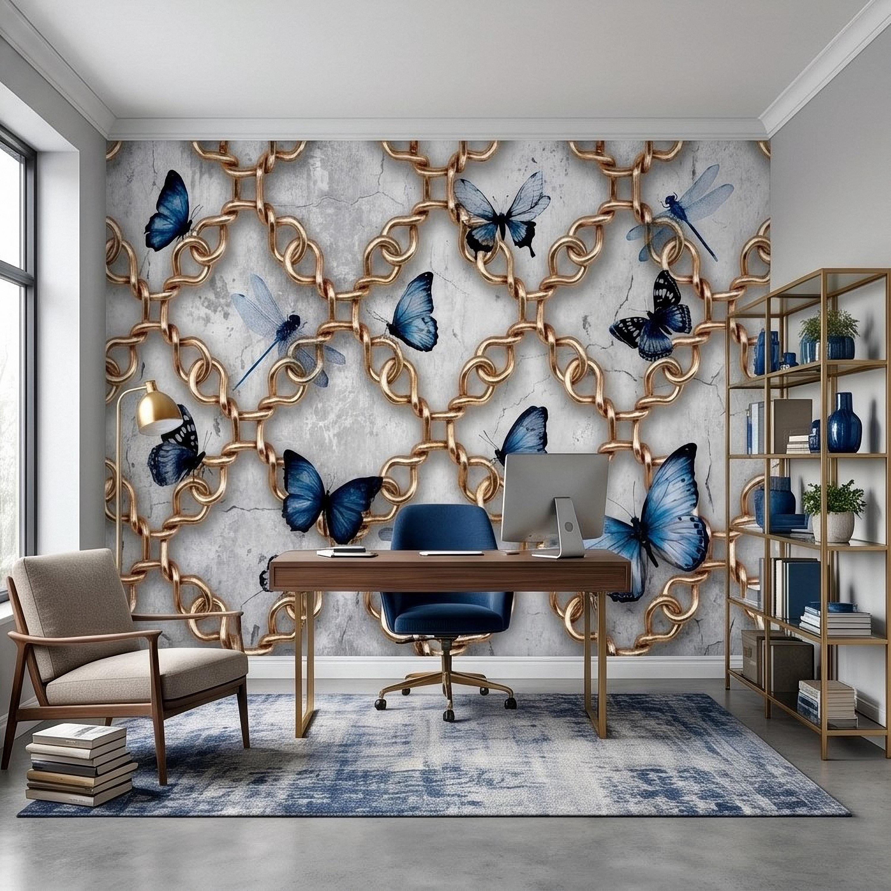 Gold Chain Peel and Stick Wall Mural, Blue Butterflies and Dragonflies on Cracked Concrete, Modern Glam Luxury Wallpaper
