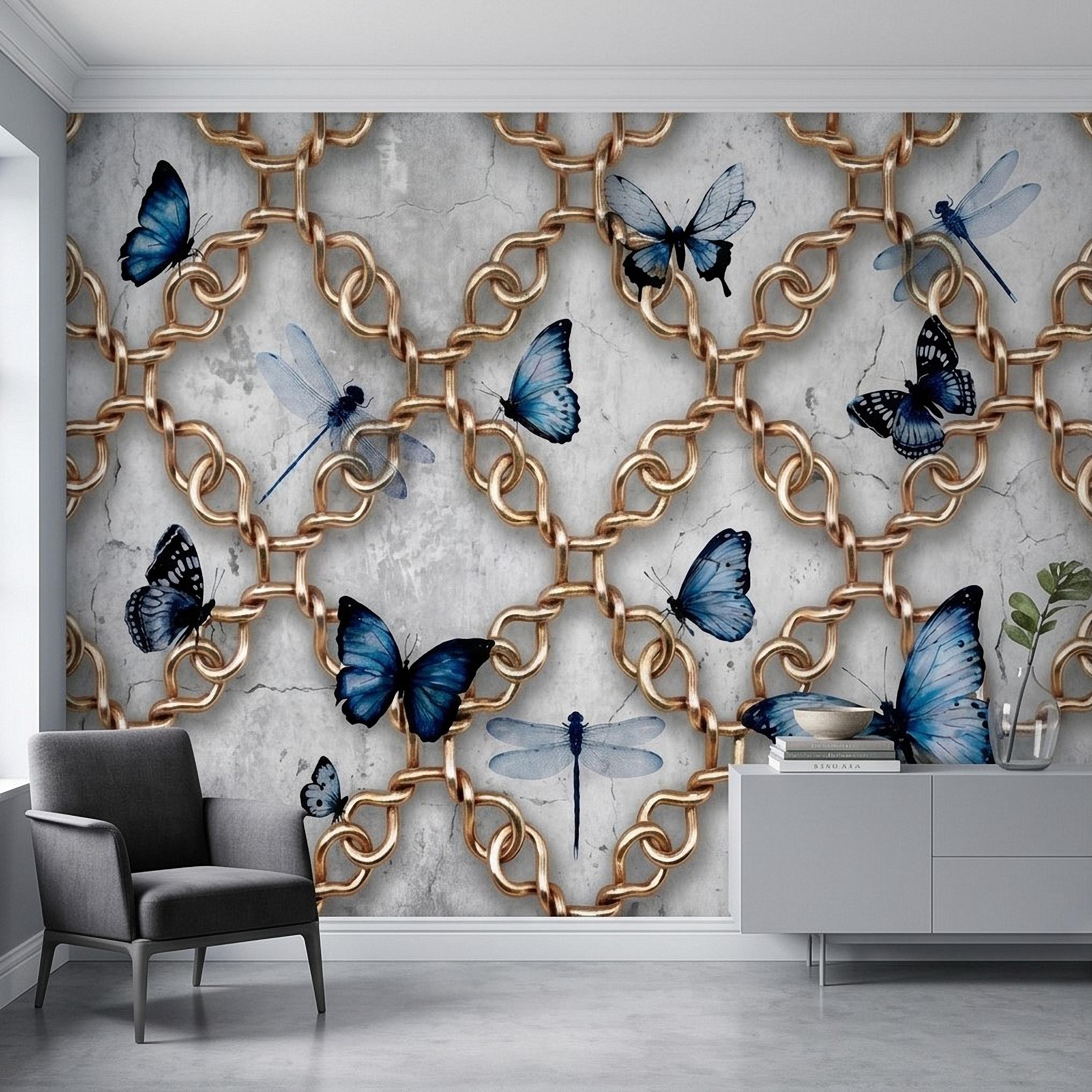Gold Chain Peel and Stick Wall Mural, Blue Butterflies and Dragonflies on Cracked Concrete, Modern Glam Luxury Wallpaper