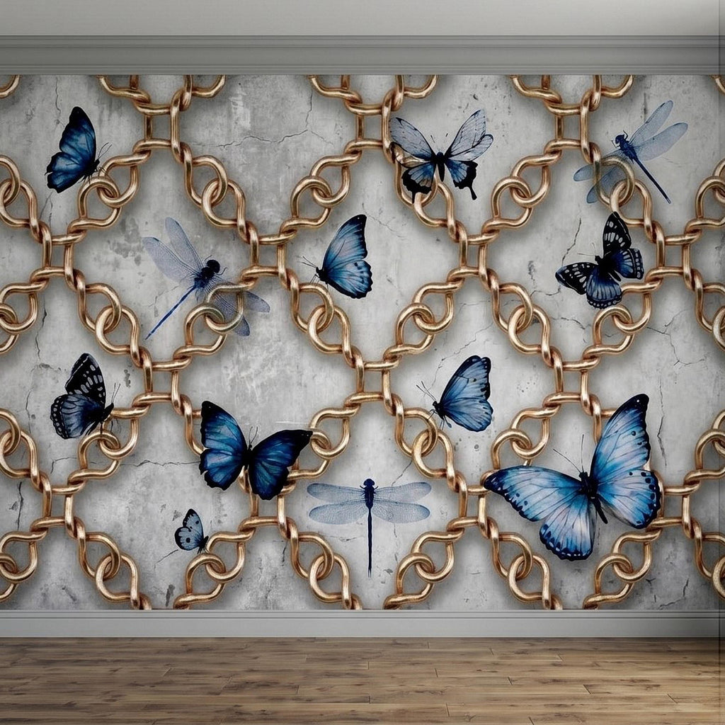 Gold Chain Peel and Stick Wall Mural, Blue Butterflies and Dragonflies on Cracked Concrete, Modern Glam Luxury Wallpaper