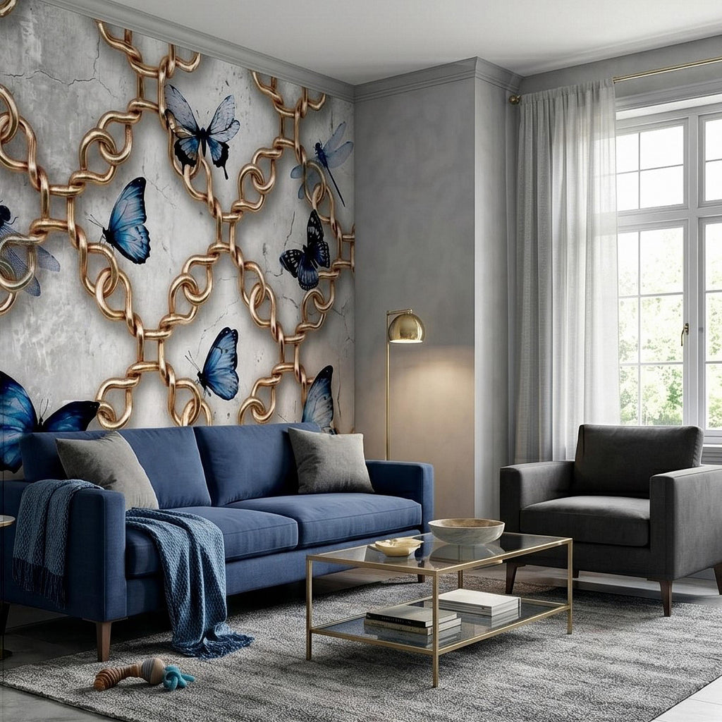 Gold Chain Peel and Stick Wall Mural, Blue Butterflies and Dragonflies on Cracked Concrete, Modern Glam Luxury Wallpaper