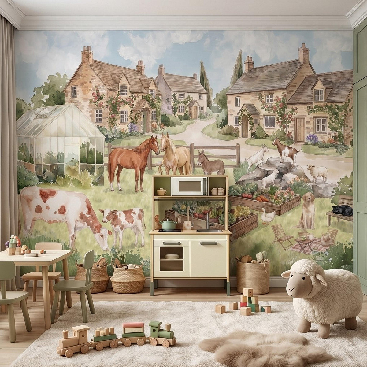 Watercolor Farm Animals Peel and Stick Wall Mural, Country Cottage Village Scene with Horses Cows and Chickens Nursery Wallpaper - The Fine Art Murals