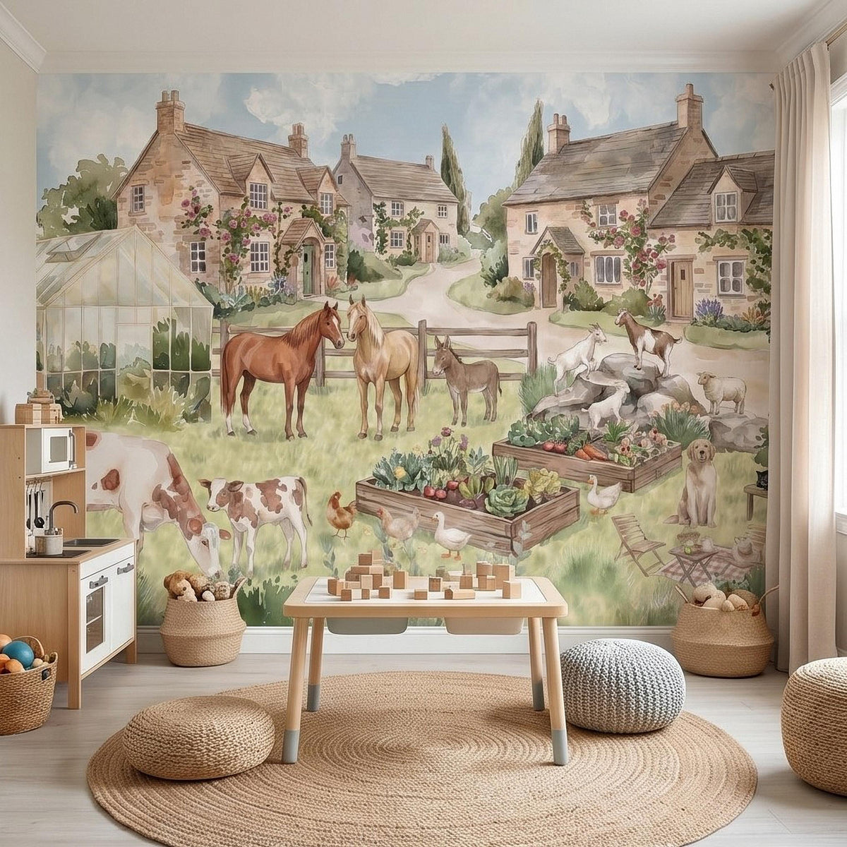 Watercolor Farm Animals Peel and Stick Wall Mural, Country Cottage Village Scene with Horses Cows and Chickens Nursery Wallpaper - The Fine Art Murals
