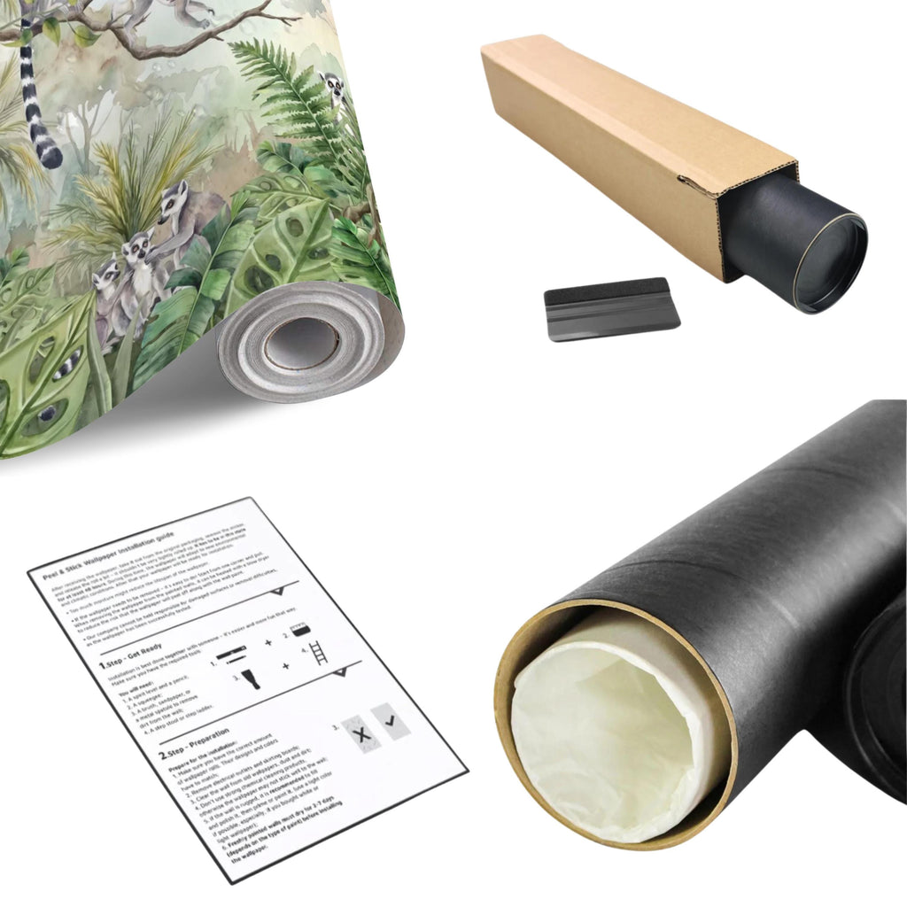 Ring Tailed Lemur Peel and Stick Wall Mural, Watercolor Tropical Rainforest Scene, Botanical Nursery Wallpaper