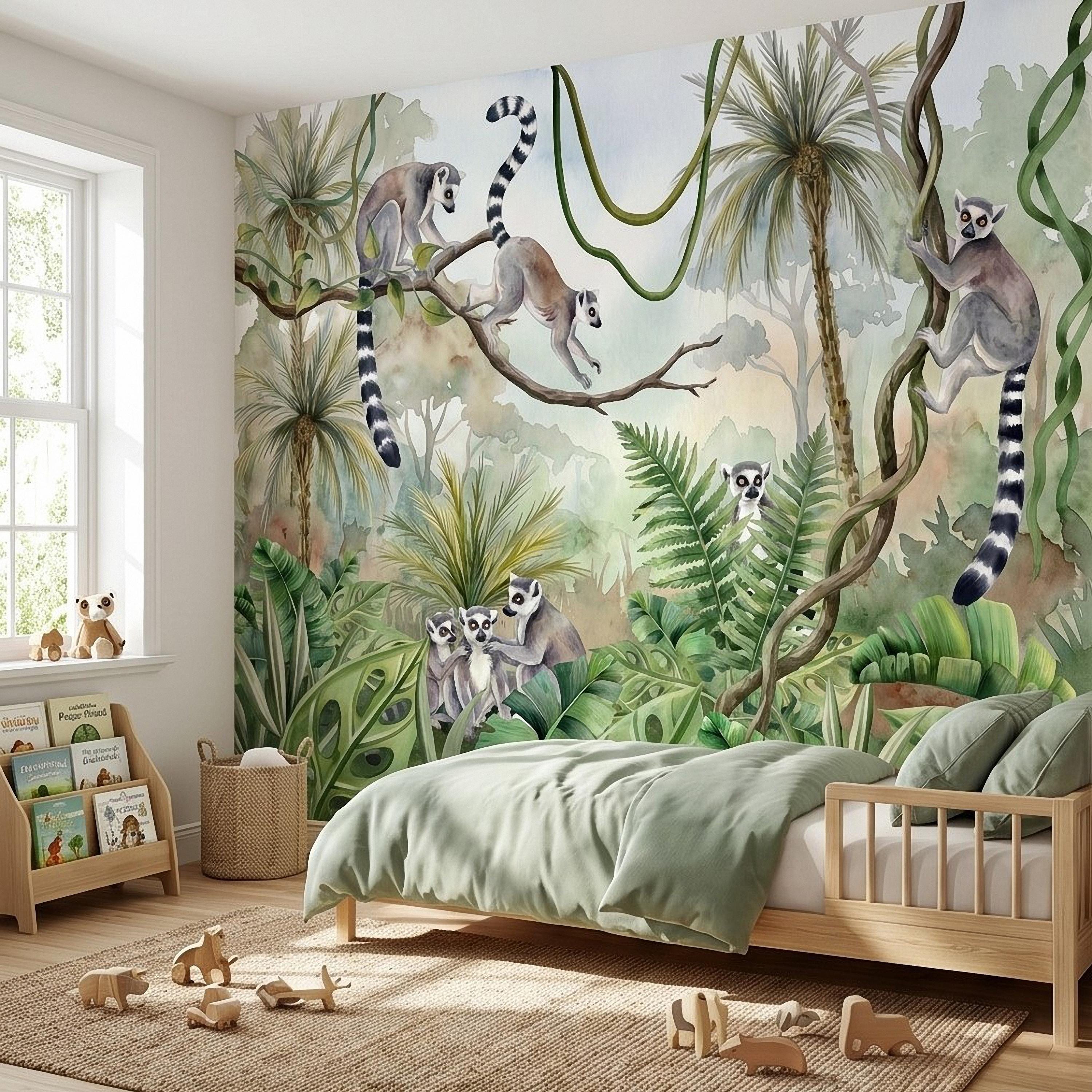 Ring Tailed Lemur Peel and Stick Wall Mural, Watercolor Tropical Rainforest Scene, Botanical Nursery Wallpaper