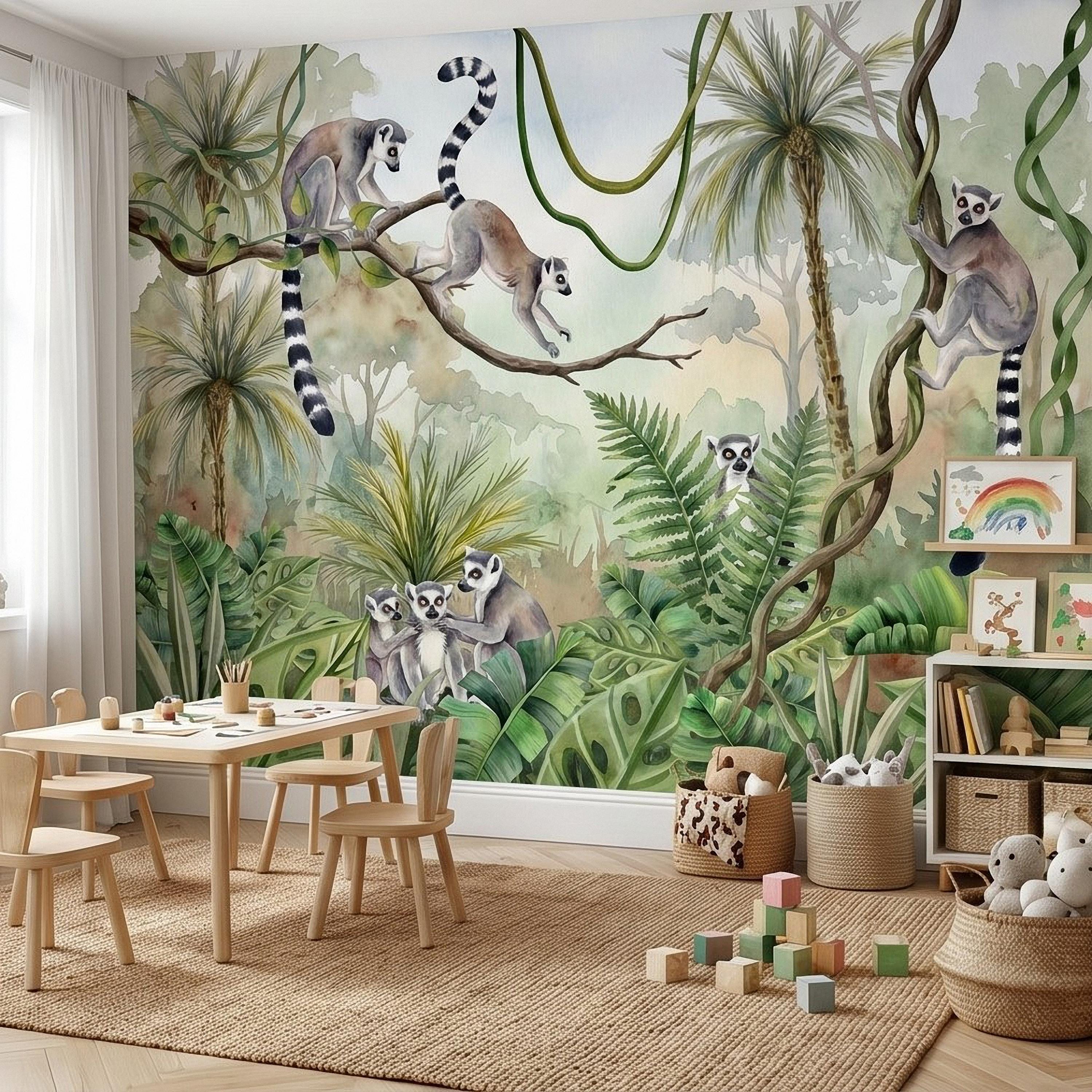 Ring Tailed Lemur Peel and Stick Wall Mural, Watercolor Tropical Rainforest Scene, Botanical Nursery Wallpaper