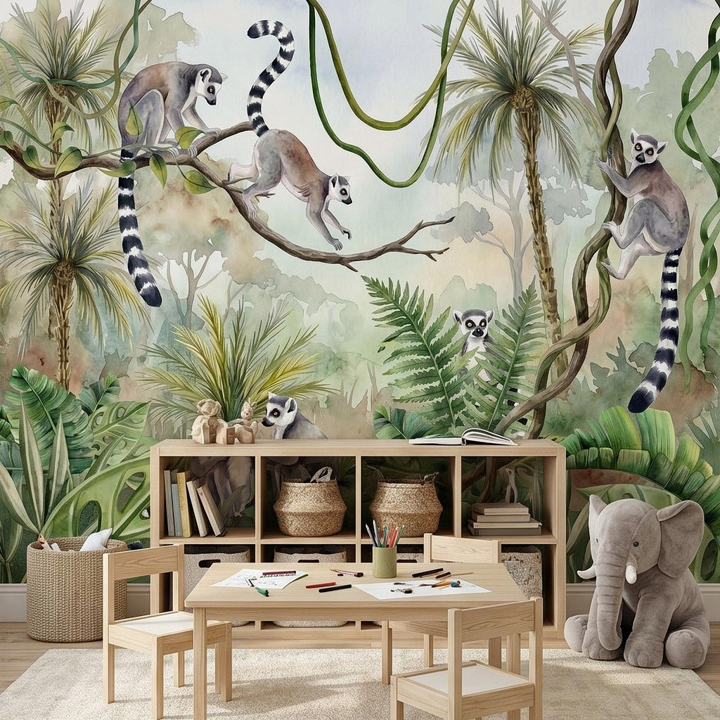 Ring Tailed Lemur Peel and Stick Wall Mural, Watercolor Tropical Rainforest Scene, Botanical Nursery Wallpaper