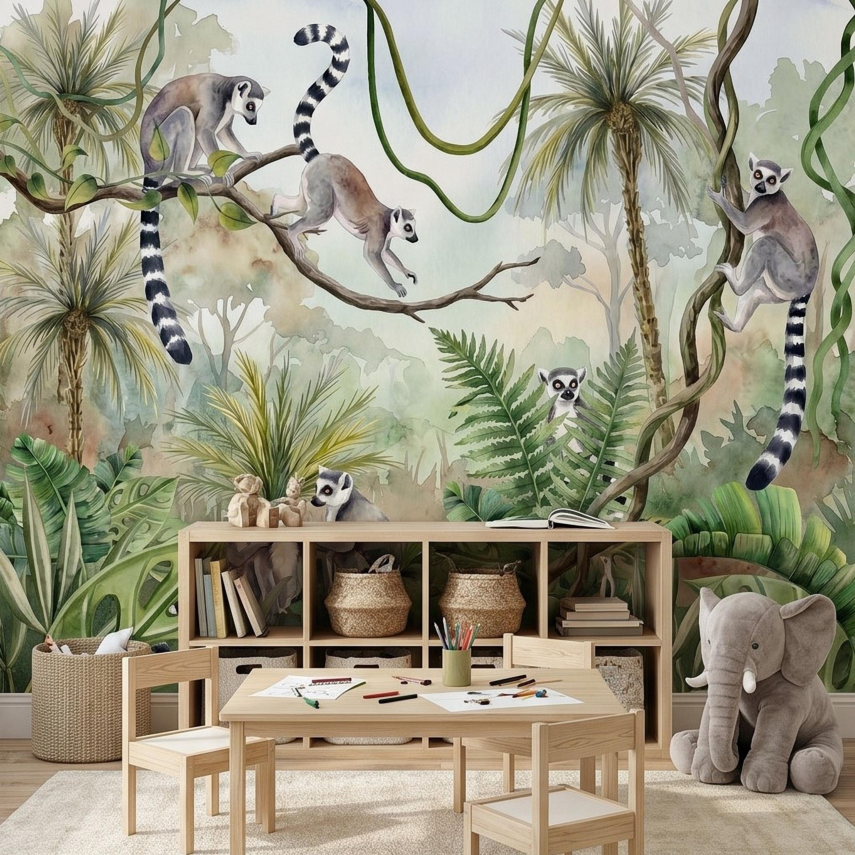 Ring Tailed Lemur Peel and Stick Wall Mural, Watercolor Tropical Rainforest Scene, Botanical Nursery Wallpaper
