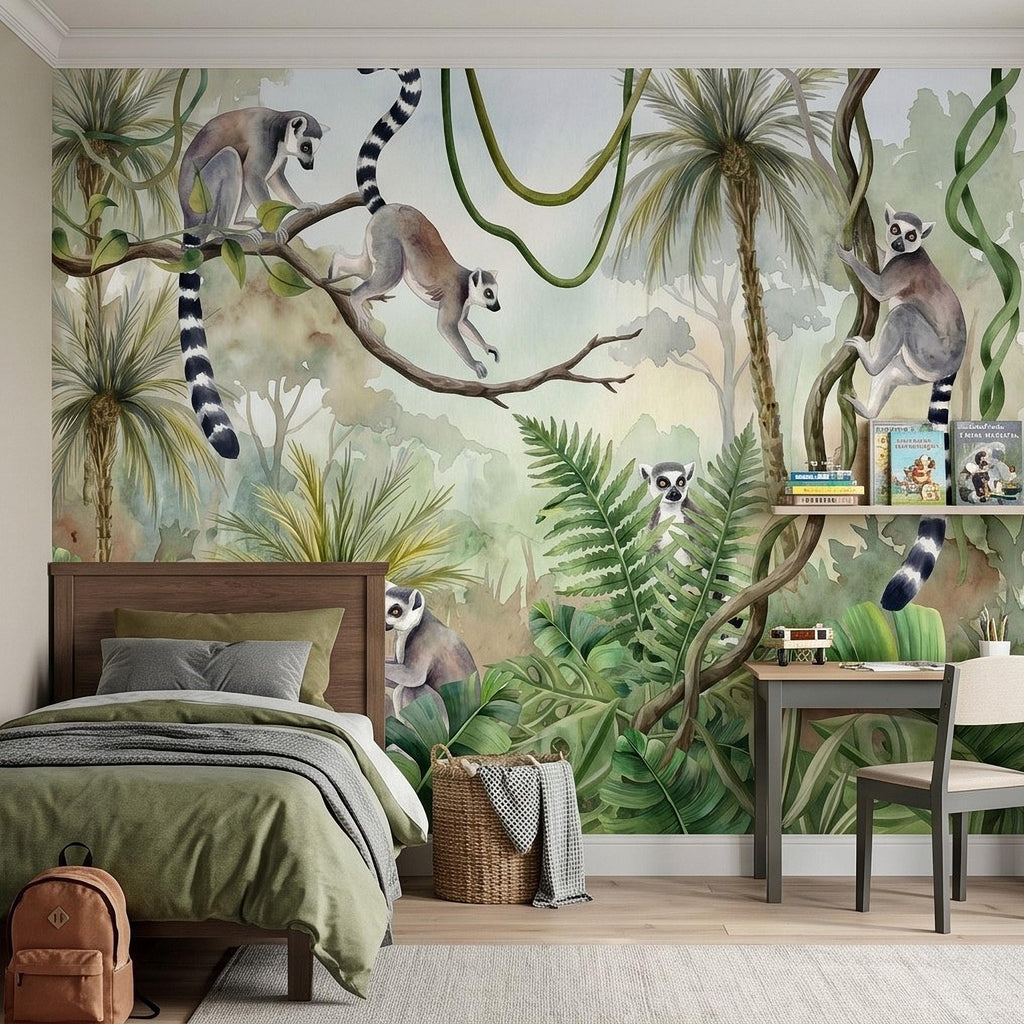 Ring Tailed Lemur Peel and Stick Wall Mural, Watercolor Tropical Rainforest Scene, Botanical Nursery Wallpaper