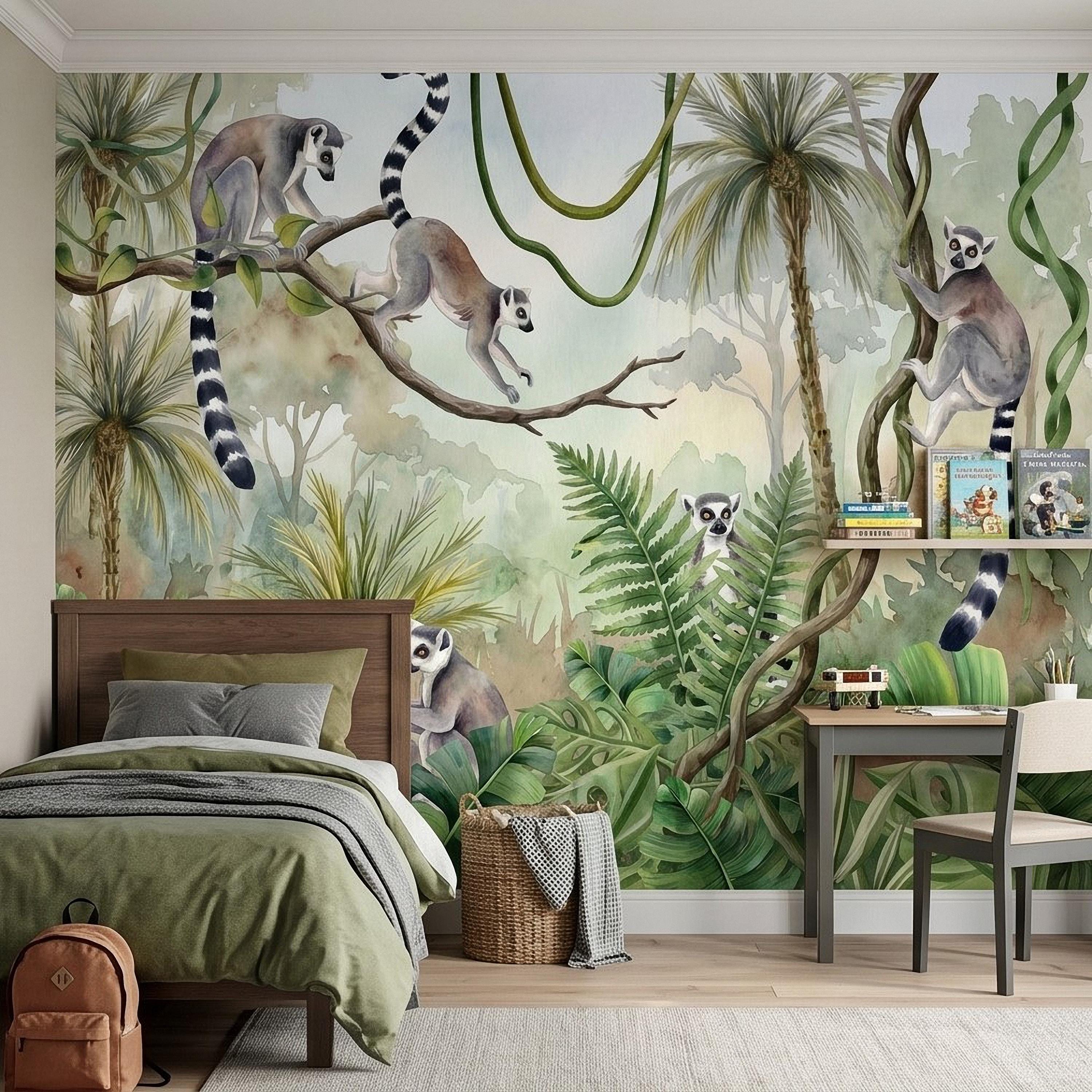 Ring Tailed Lemur Peel and Stick Wall Mural, Watercolor Tropical Rainforest Scene, Botanical Nursery Wallpaper