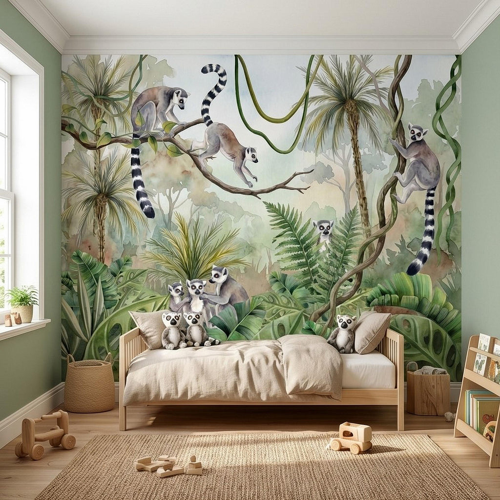 Ring Tailed Lemur Peel and Stick Wall Mural, Watercolor Tropical Rainforest Scene, Botanical Nursery Wallpaper