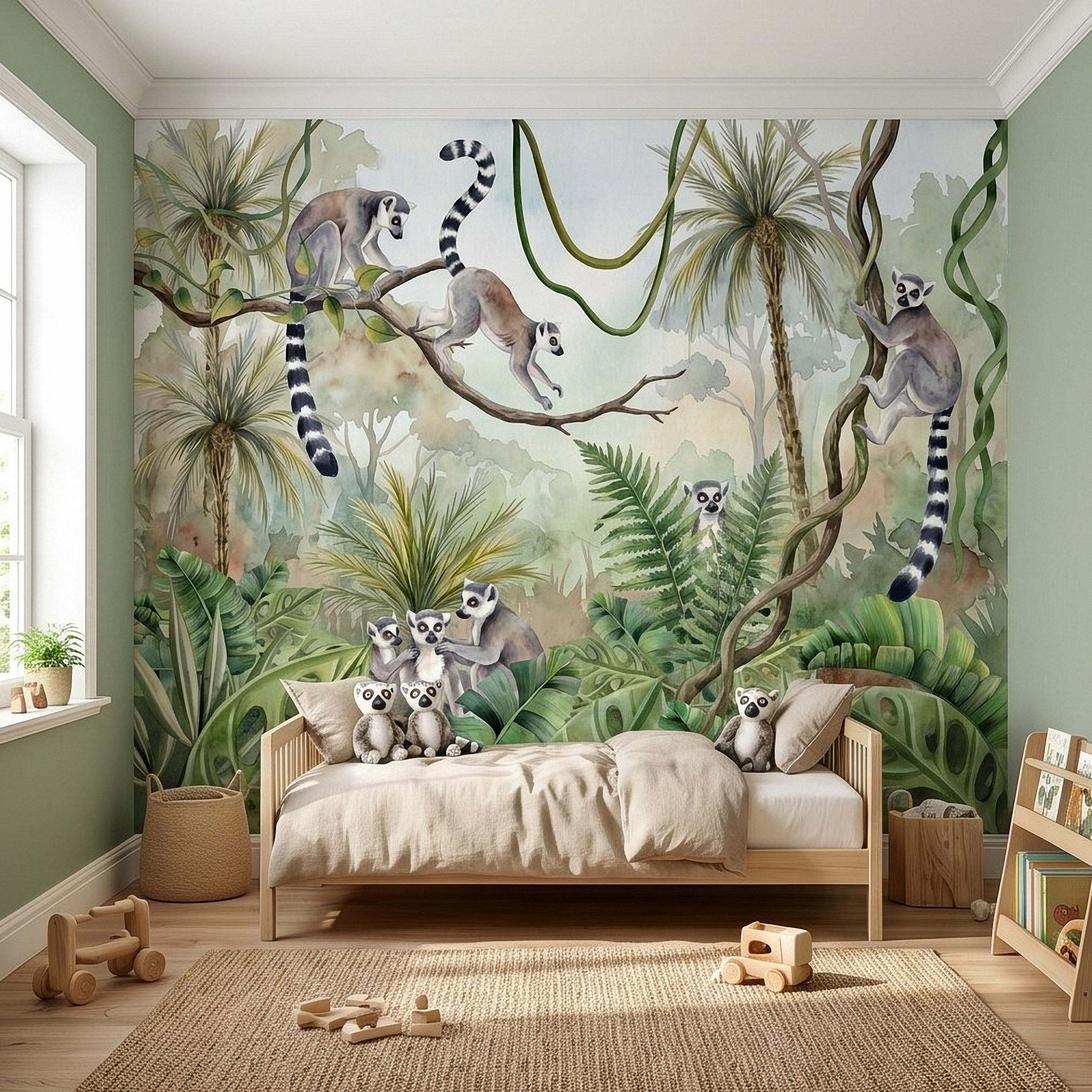 Ring Tailed Lemur Peel and Stick Wall Mural, Watercolor Tropical Rainforest Scene, Botanical Nursery Wallpaper