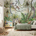 Ring Tailed Lemur Peel and Stick Wall Mural, Watercolor Tropical Rainforest Scene, Botanical Nursery Wallpaper