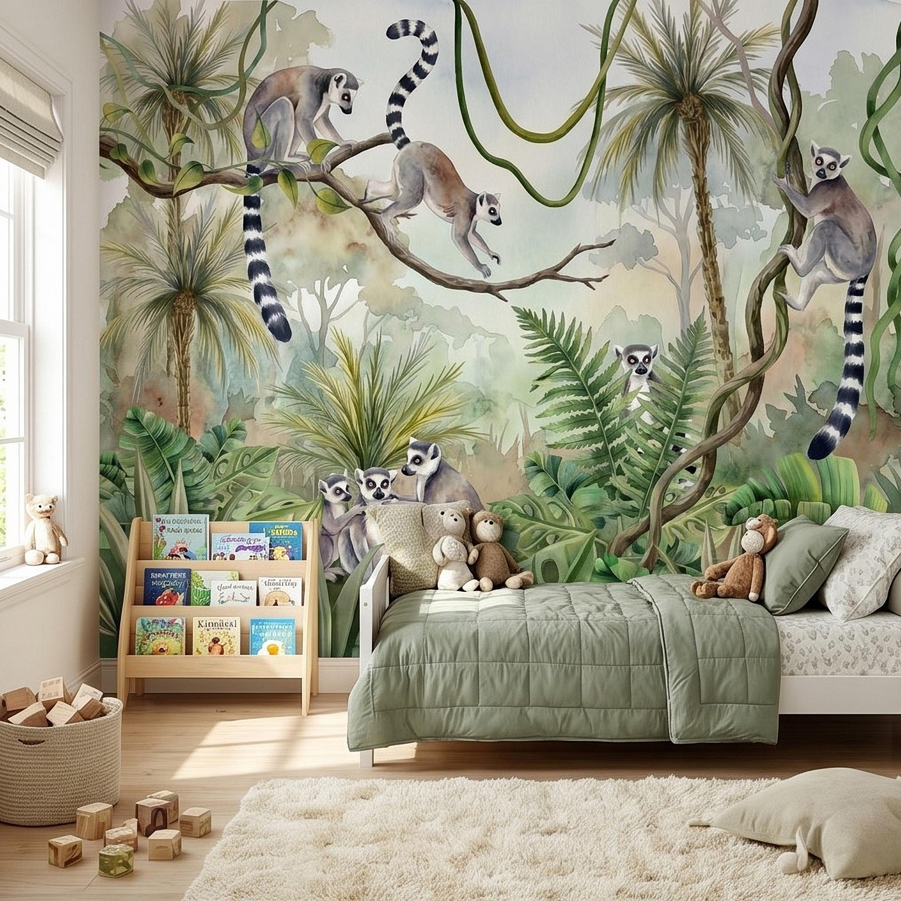 Ring Tailed Lemur Peel and Stick Wall Mural, Watercolor Tropical Rainforest Scene, Botanical Nursery Wallpaper