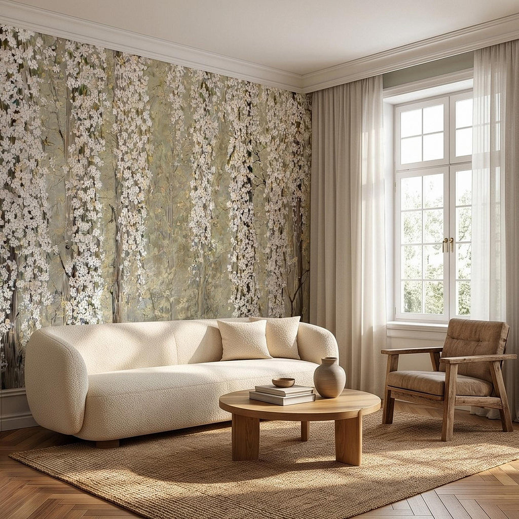 Cascading White Blossoms Peel and Stick Wall Mural, Blooming Flower Branches, Spring Garden Scene, Botanical Wallpaper