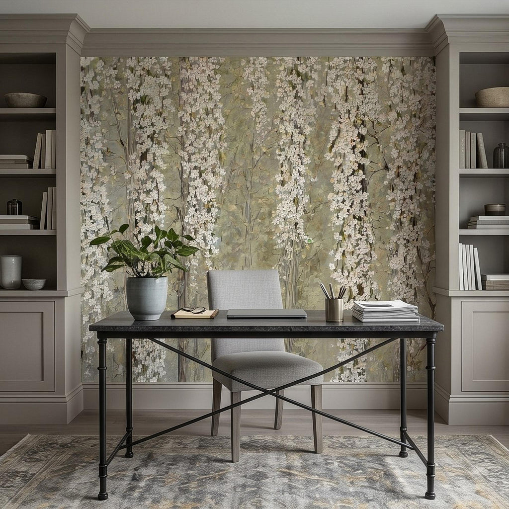 Cascading White Blossoms Peel and Stick Wall Mural, Blooming Flower Branches, Spring Garden Scene, Botanical Wallpaper