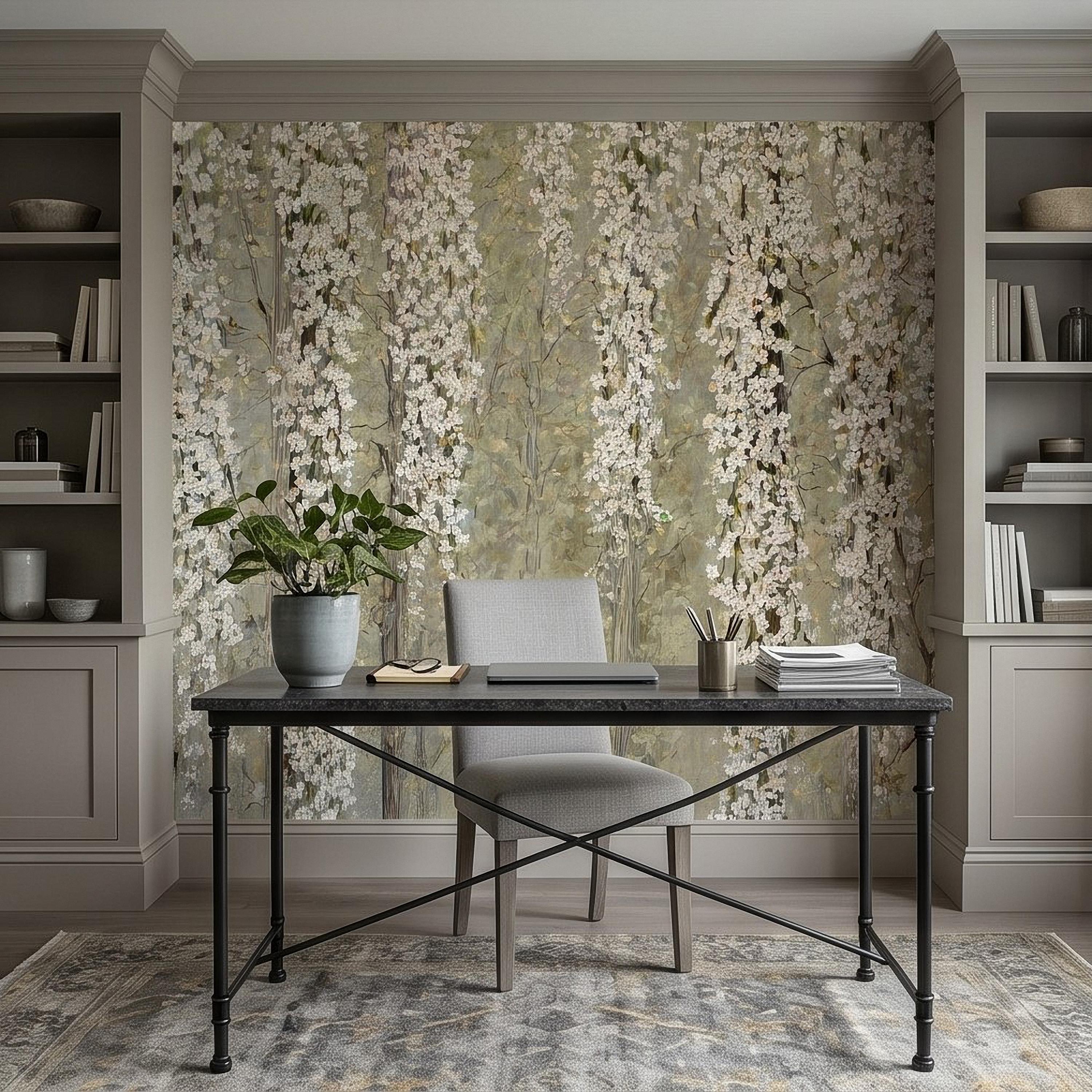 Cascading White Blossoms Peel and Stick Wall Mural, Blooming Flower Branches, Spring Garden Scene, Botanical Wallpaper
