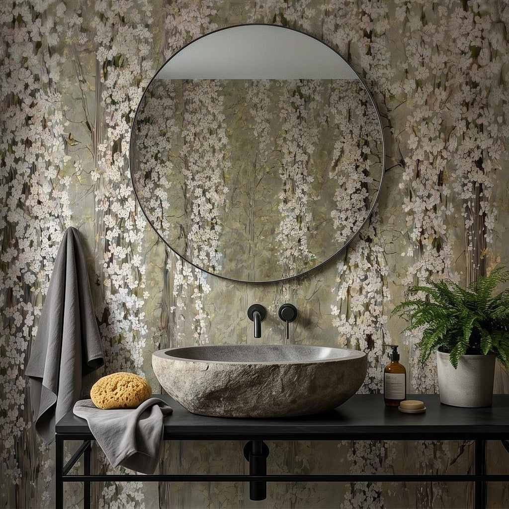 Cascading White Blossoms Peel and Stick Wall Mural, Blooming Flower Branches, Spring Garden Scene, Botanical Wallpaper