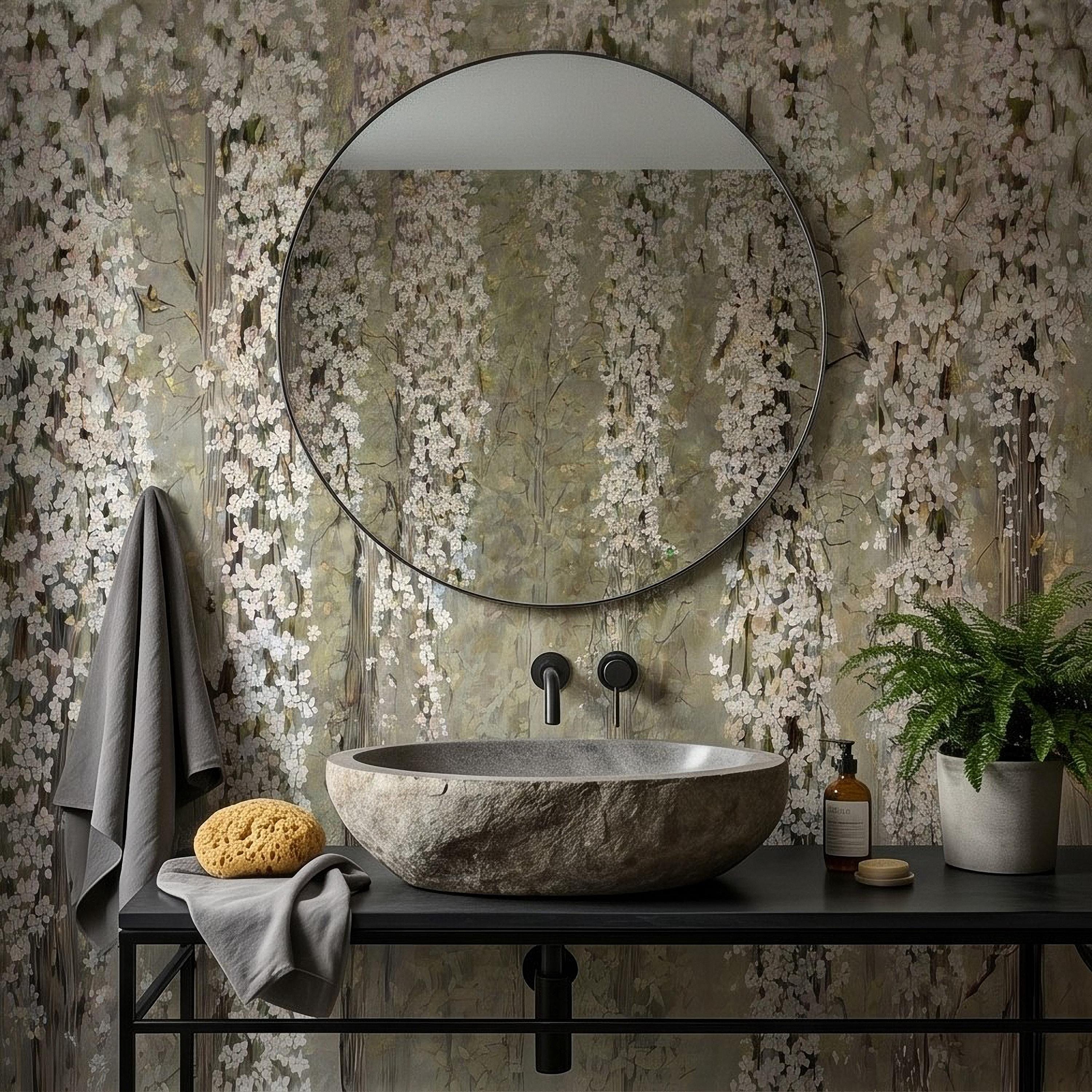 Cascading White Blossoms Peel and Stick Wall Mural, Blooming Flower Branches, Spring Garden Scene, Botanical Wallpaper