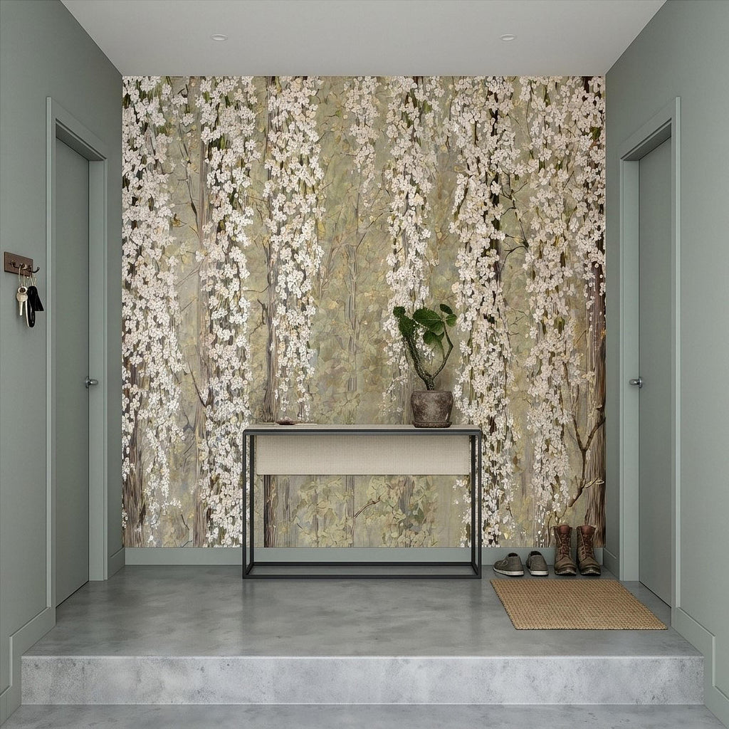 Cascading White Blossoms Peel and Stick Wall Mural, Blooming Flower Branches, Spring Garden Scene, Botanical Wallpaper