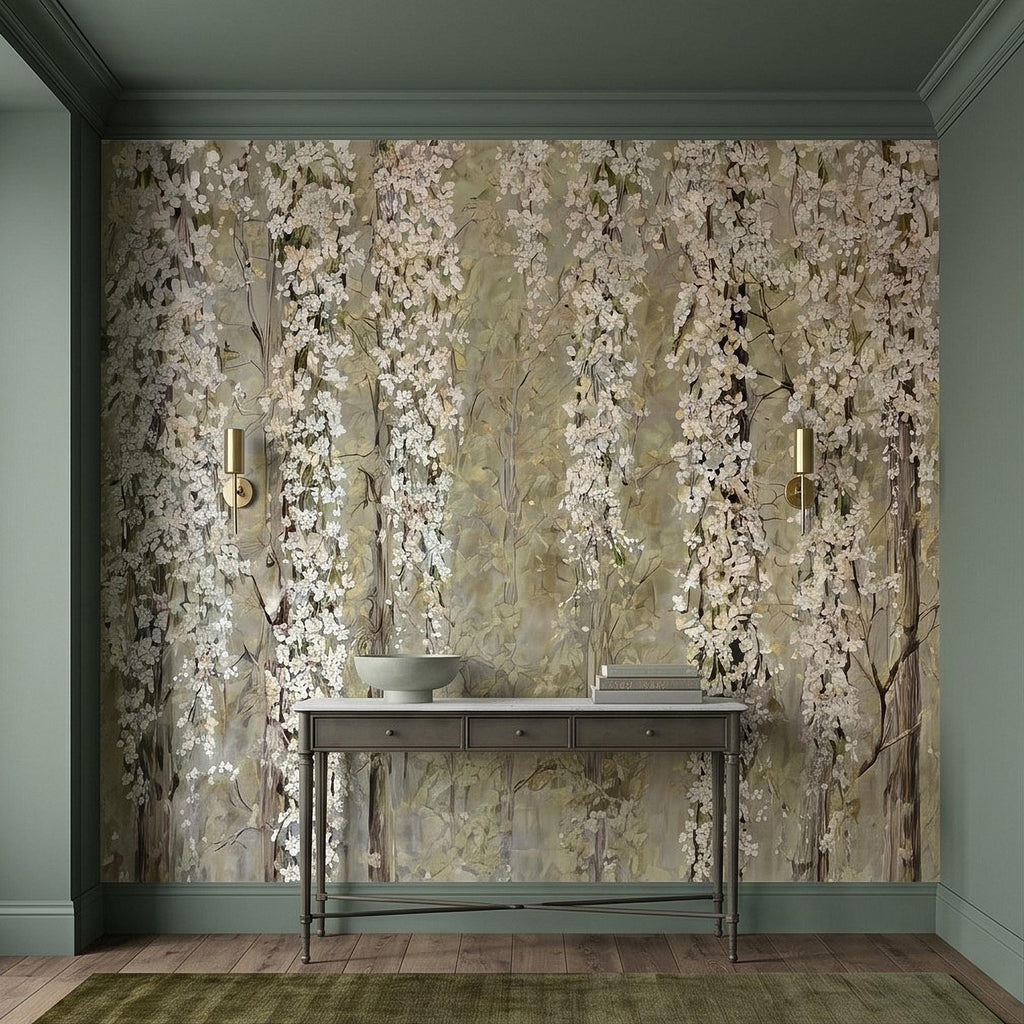 Cascading White Blossoms Peel and Stick Wall Mural, Blooming Flower Branches, Spring Garden Scene, Botanical Wallpaper