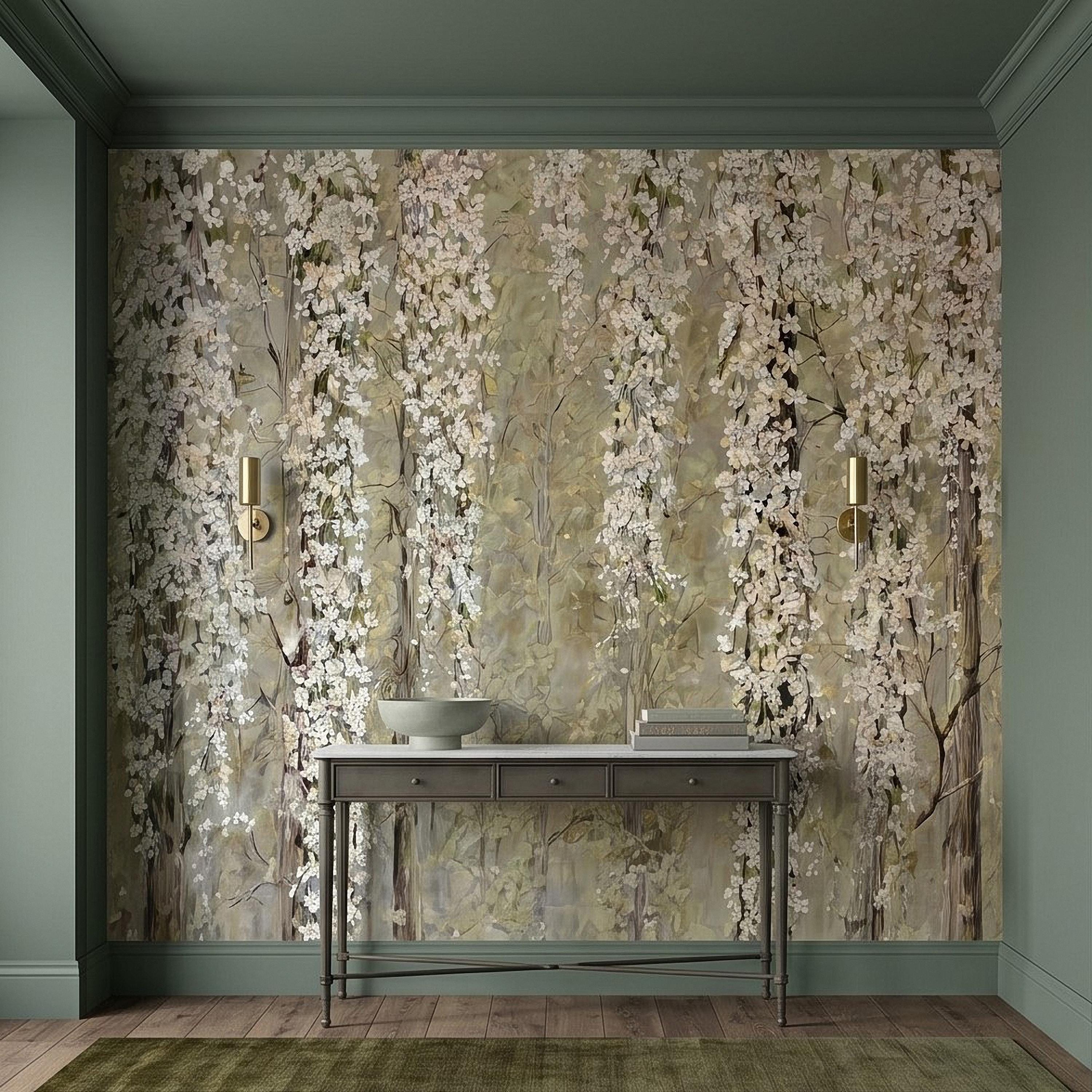 Cascading White Blossoms Peel and Stick Wall Mural, Blooming Flower Branches, Spring Garden Scene, Botanical Wallpaper