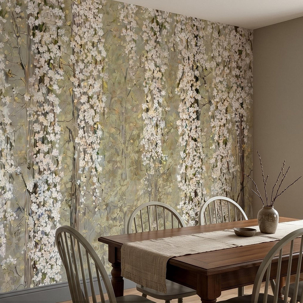 Cascading White Blossoms Peel and Stick Wall Mural, Blooming Flower Branches, Spring Garden Scene, Botanical Wallpaper