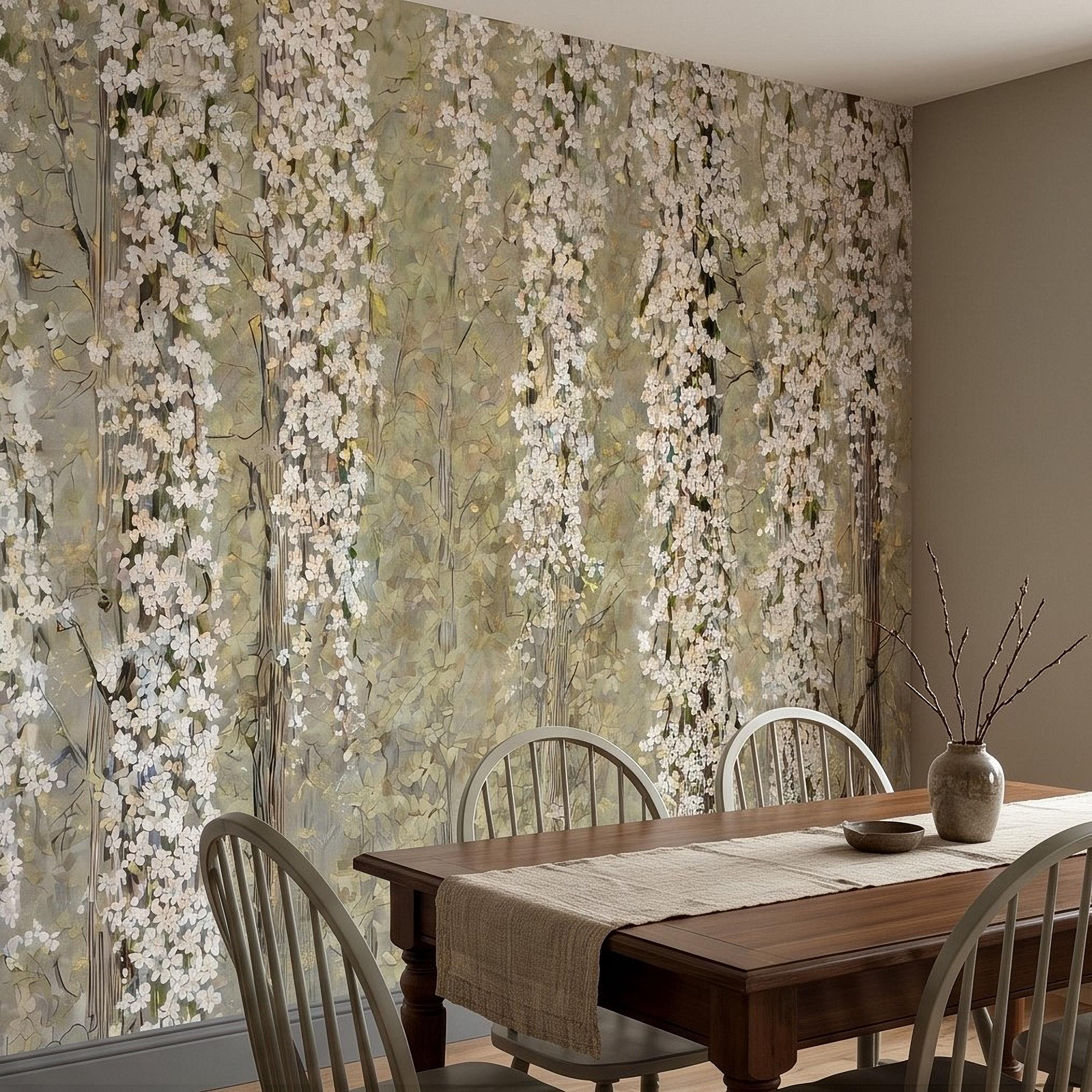 Cascading White Blossoms Peel and Stick Wall Mural, Blooming Flower Branches, Spring Garden Scene, Botanical Wallpaper